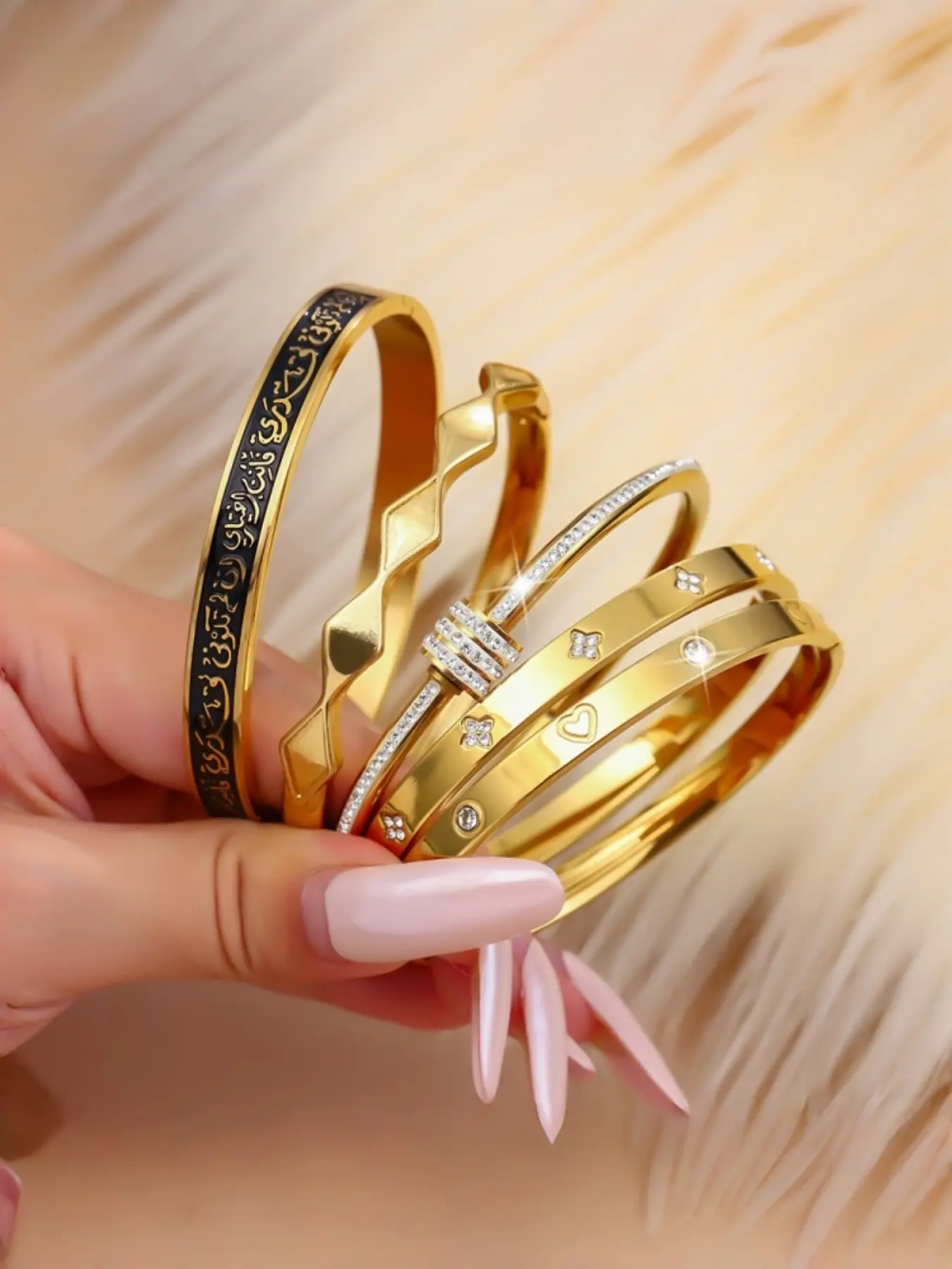 5-Piece Luxury Bangle Set, Titanium Steel, Vintage Arabic Calligraphy & Clover Design, Geometric Stackable Bracelets, Women's Gift