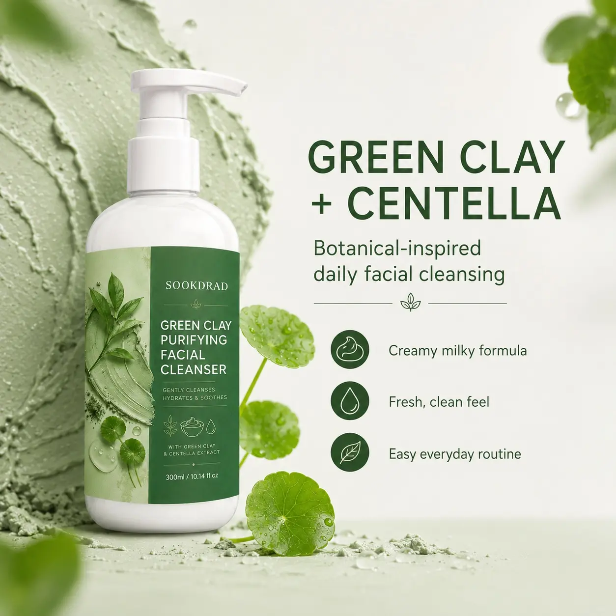 Green Clay Purifying Facial Cleanser, with green clay, centella extract, gently cleanses, hydrates, soothes, for face, 300ml/10.14 fl oz