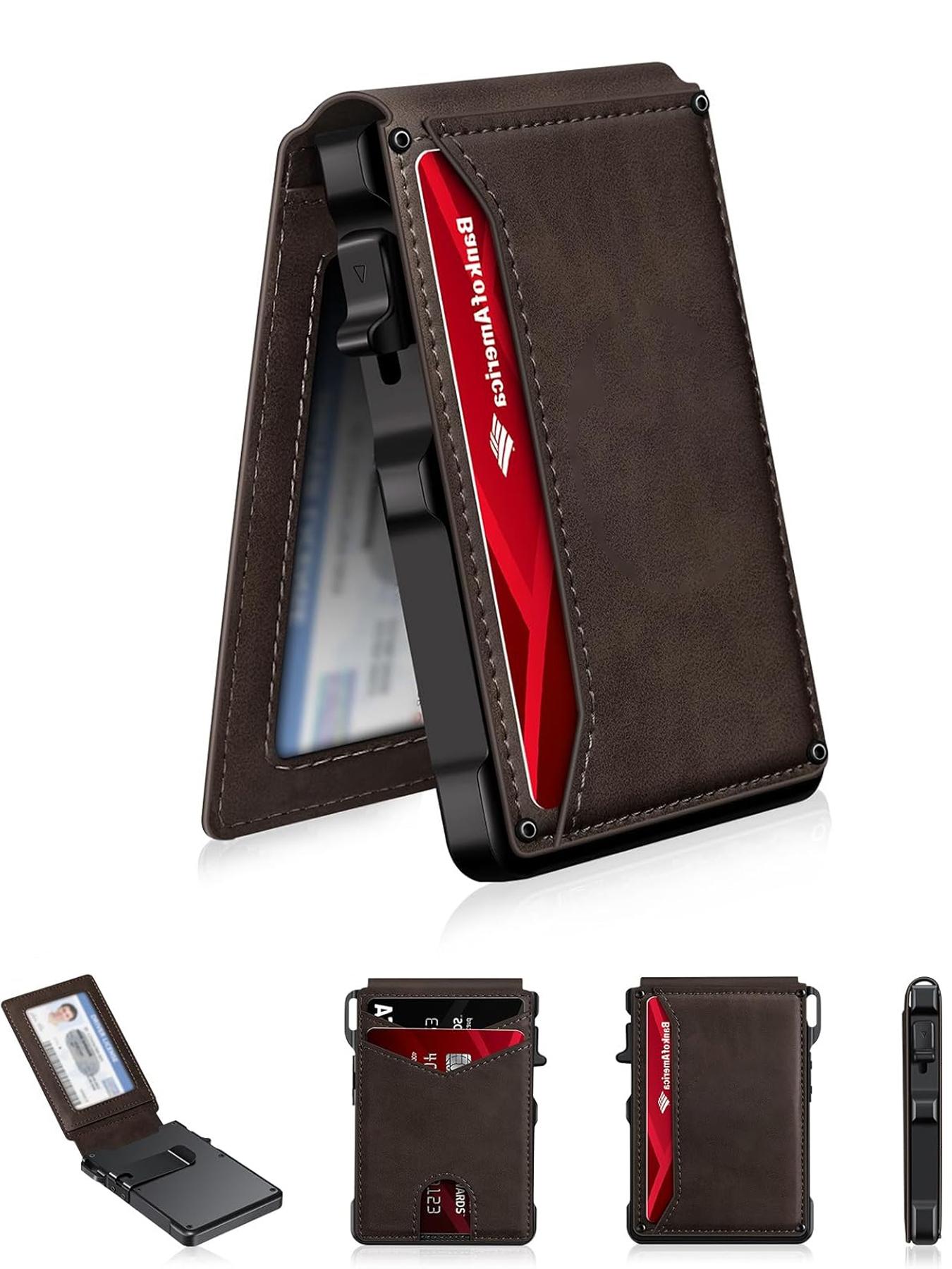 Men's Minimalist Ultra-Thin Wallet, Holds 9-13 Cards, Money Clip & ID Window, Aluminum Alloy Dual-Fold RFID Blocking Design, Durable Bifold Wallet