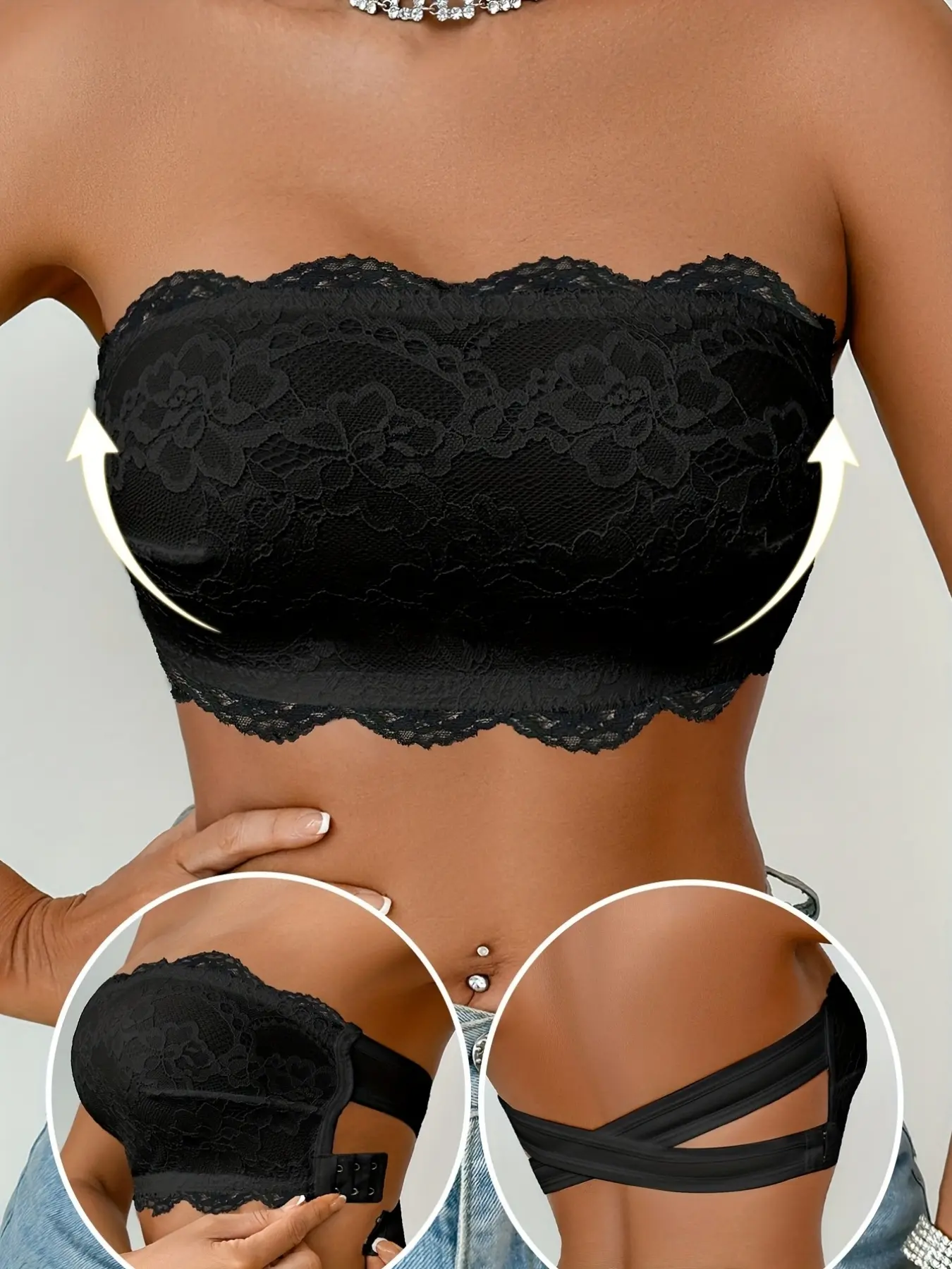 Women's Sexy Lace Strapless Bra Top Summer Thin No-Pad Tube Top Lace Design Sexy Tube Top with Gel Anti-Slip Strip Breathable Bras Summer Bra Suitable for Daily Casual and Date Outfits Floral Lace Bralette