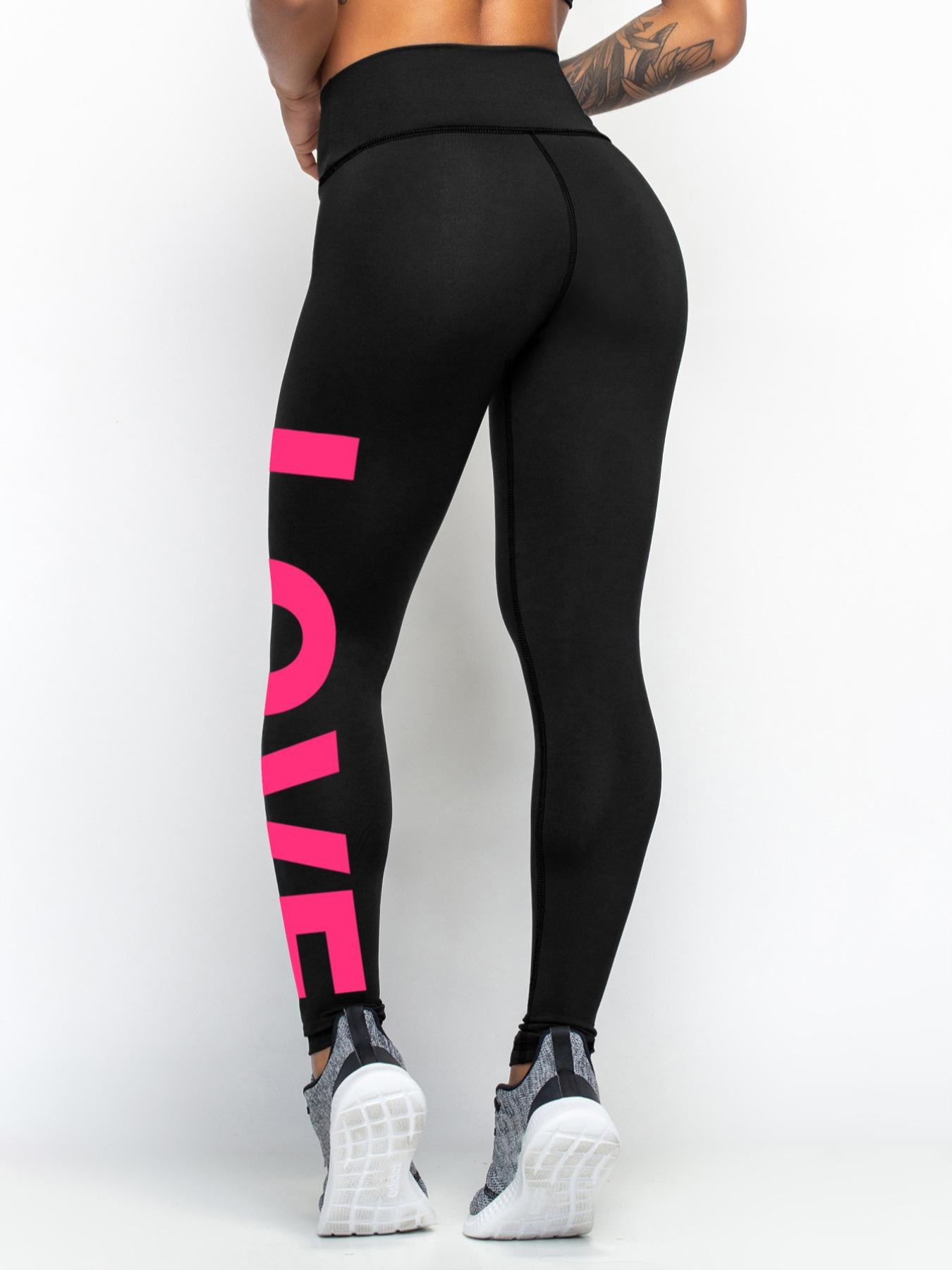Women's Letter "LOVE" Print High Waist Sports Leggings, Sporty Comfy Skinny Pants, Summer Outfits 2024, Gym Clothes, Gym Fitness Leggings, Stretchy Workout Leggings, Ladies Sportswear, Tummy Control, Skinny Yoga Bottoms, High Waisted Leggings