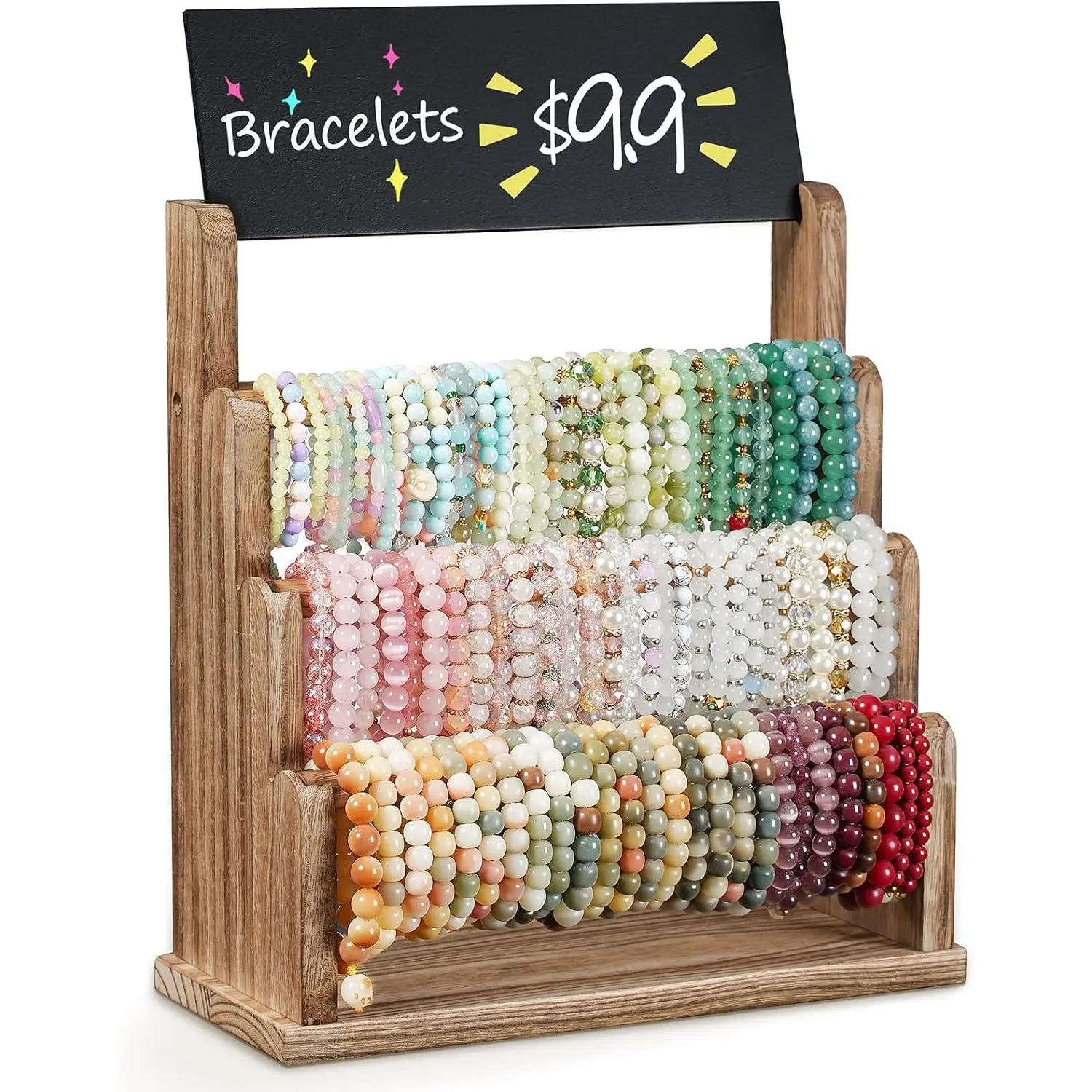 Bracelet Holder with Advertising Board, 3 Tier Bracelet Organizer Stand Storage for Bracelets Bangles Watch Scrunchies, Rustic Wood Jewelry Display for Vendors, Craft Shows (Rustic Brown)