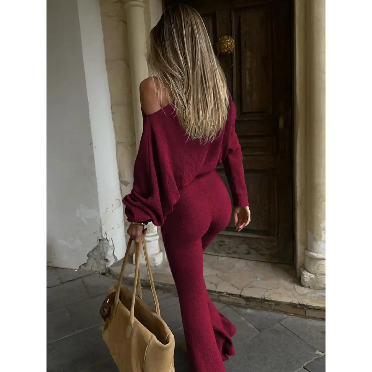 Women's Plain Two Piece Set Solid Skew Neck Strapless Long Sleeve Loose Top Flare Long Pants Party Club Street Daily Outfits
