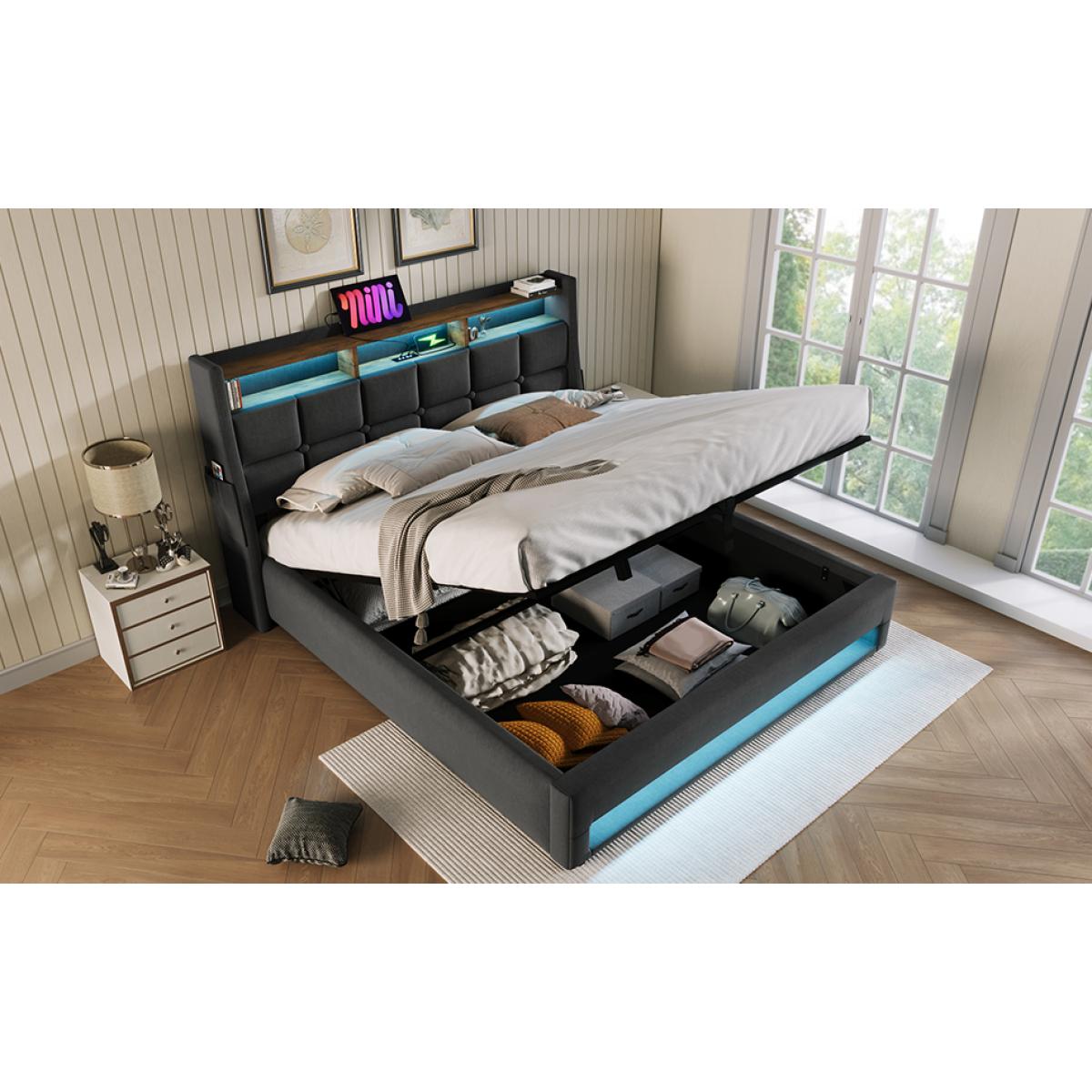 Soft padded platform bed with hydraulic storage system, LED and USB charging, natural (without mattress)