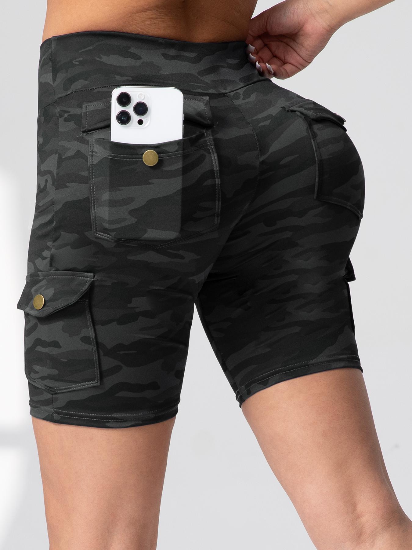 Women's Camo Print Flap Pocket Cargo Shorts, Casual Tight-fitting Shorts for Gym Workout, Ladies Sportswear for Summer, Womenswear