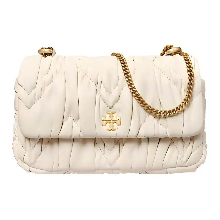 Tory Burch Kira Quilted Logo-Embossed Fold-Over Chain-Handle Handbag for Women – Minimalist Striped White Leather Mini Tote