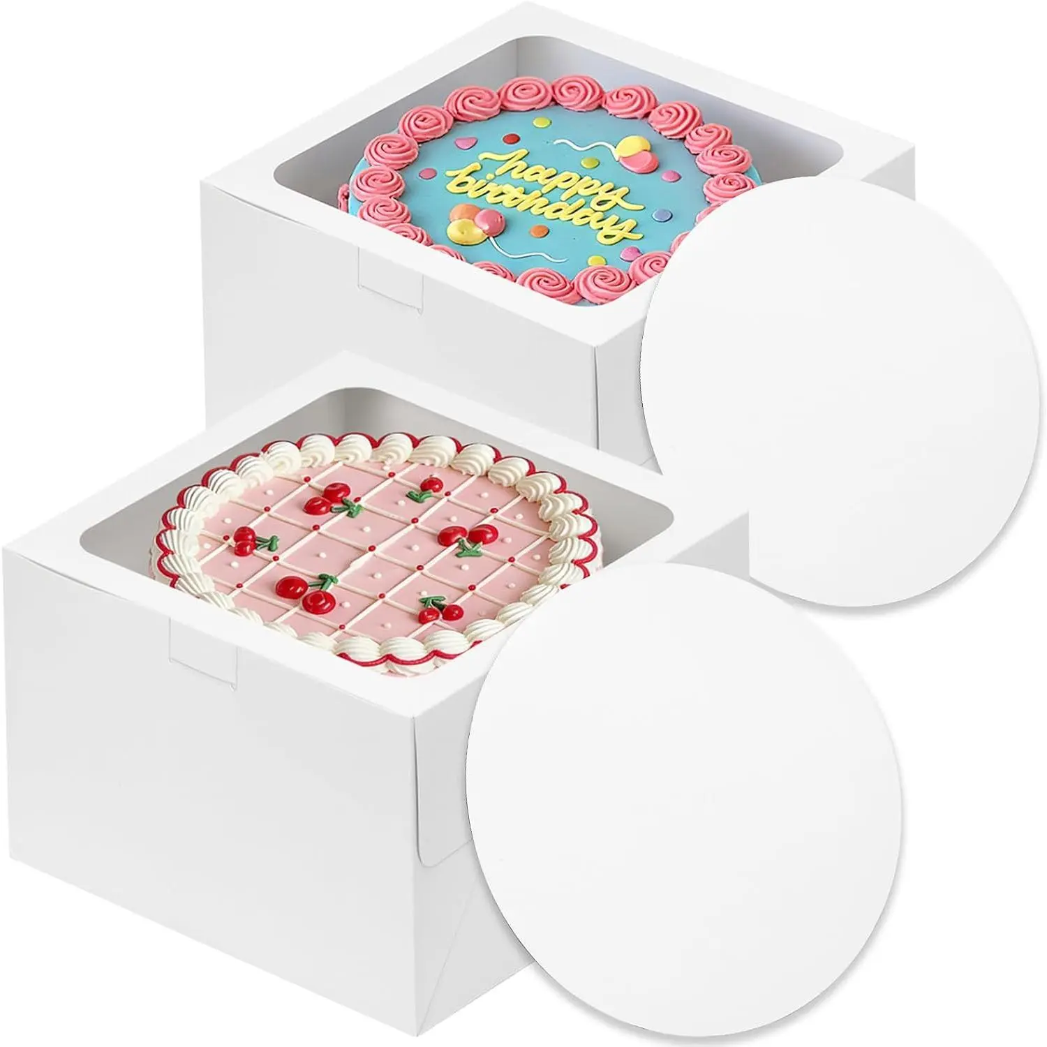 2 Pack Cake Boxes 10 Inch with Boards, 10x10x5 Inches White Cake Carrier Bakery Containers, Disposable Bakery Boxes for Valentine's Day Mother's Day for Cake Cupcake Cookie Pie Pastry