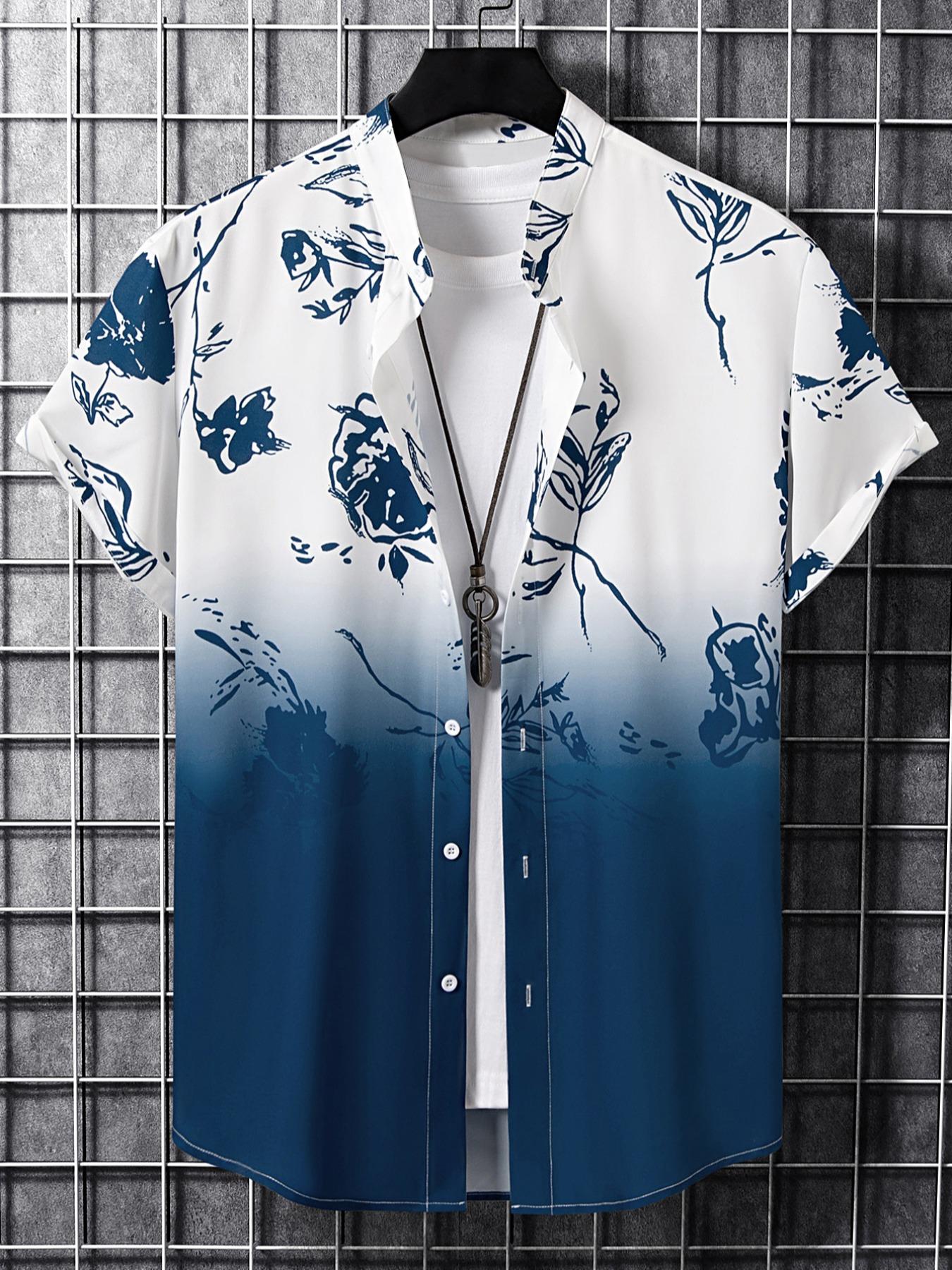Men's Summer Clothes, Ombre Floral Print Button Front Shirt, Regular Fit Casual Soft Comfy Short Sleeve Mock Neck Top for Summer, Men's Clothes for Daily Wear