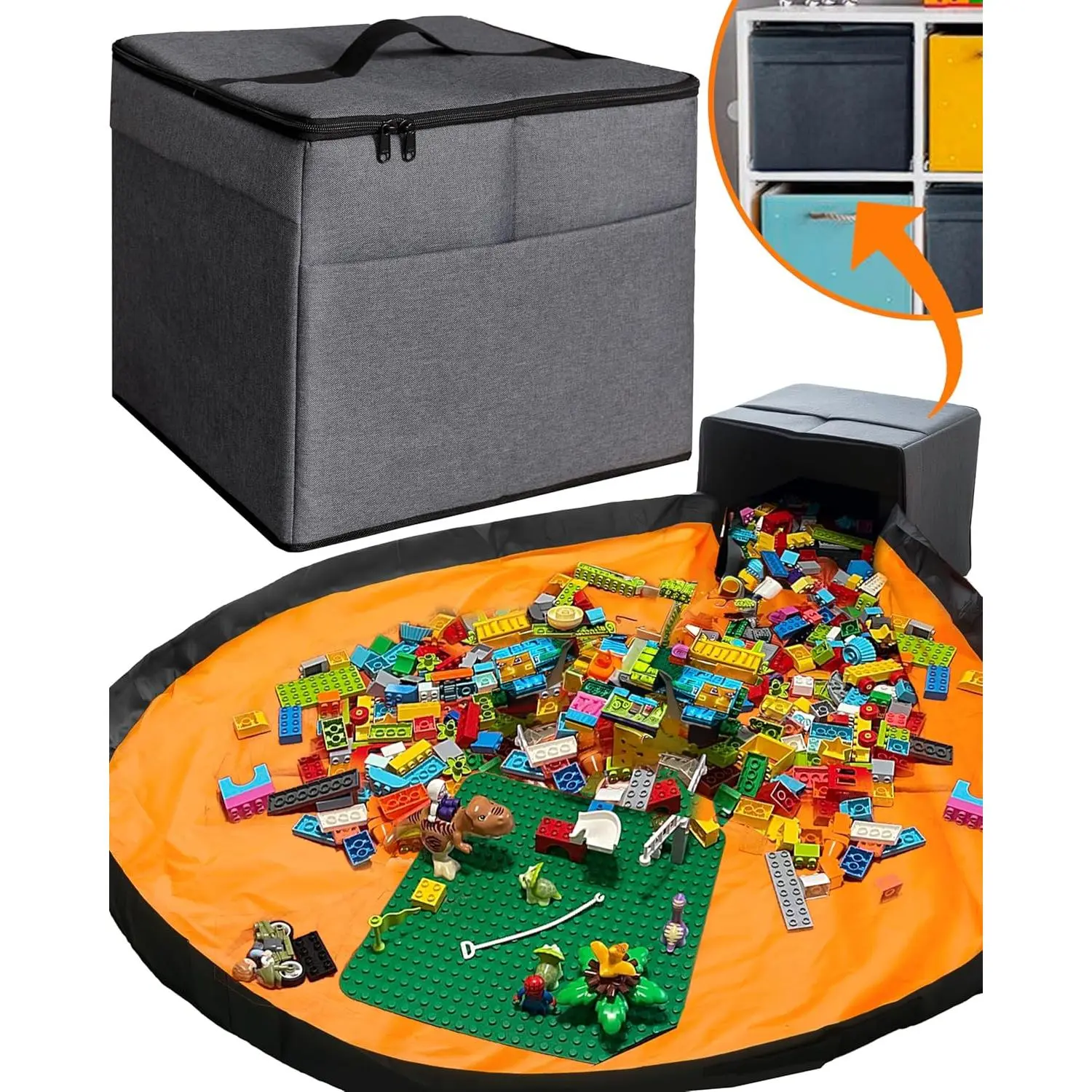 Toy Storage Organizer with Play Mat - Large Collapsible Fabric Cube Bin for Kids Boys Girls Nursery Playroom - Basket for Building Bricks Blocks - Durable Storage Box, 13x13x15 Inches
