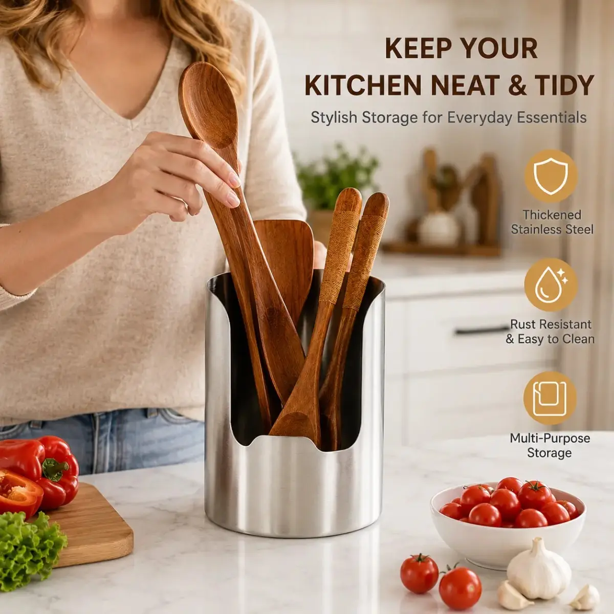 Thickened Stainless Steel Utensil Organizer, Rust Resistant Easy to Clean Multi-purpose Kitchenware Storage Holder for Kitchen Countertop