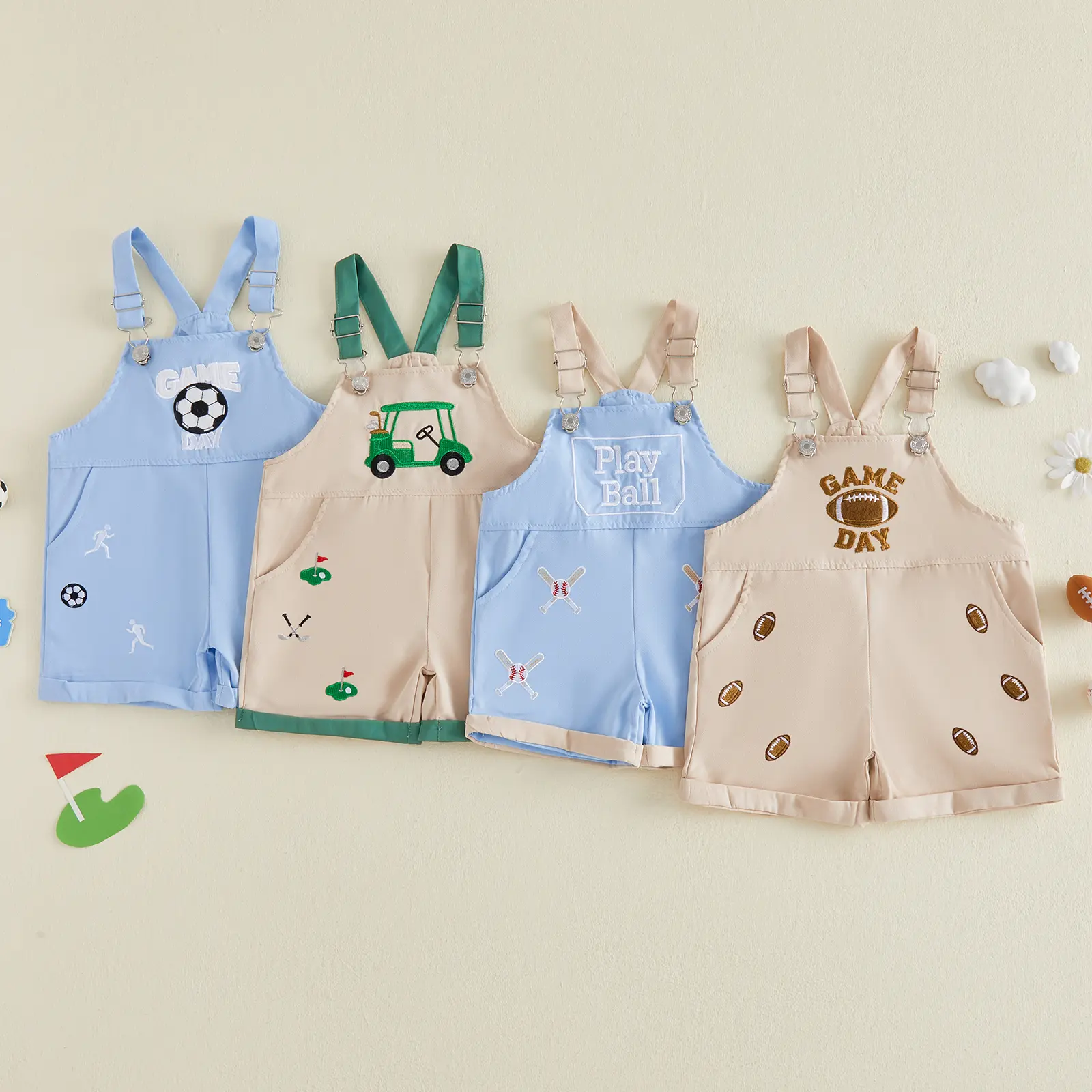 Toddler Baby Little Boy Football Embroidery Overalls Shorts Kid Sleeveless Suspender Romper for Sports Events 1-5 Years