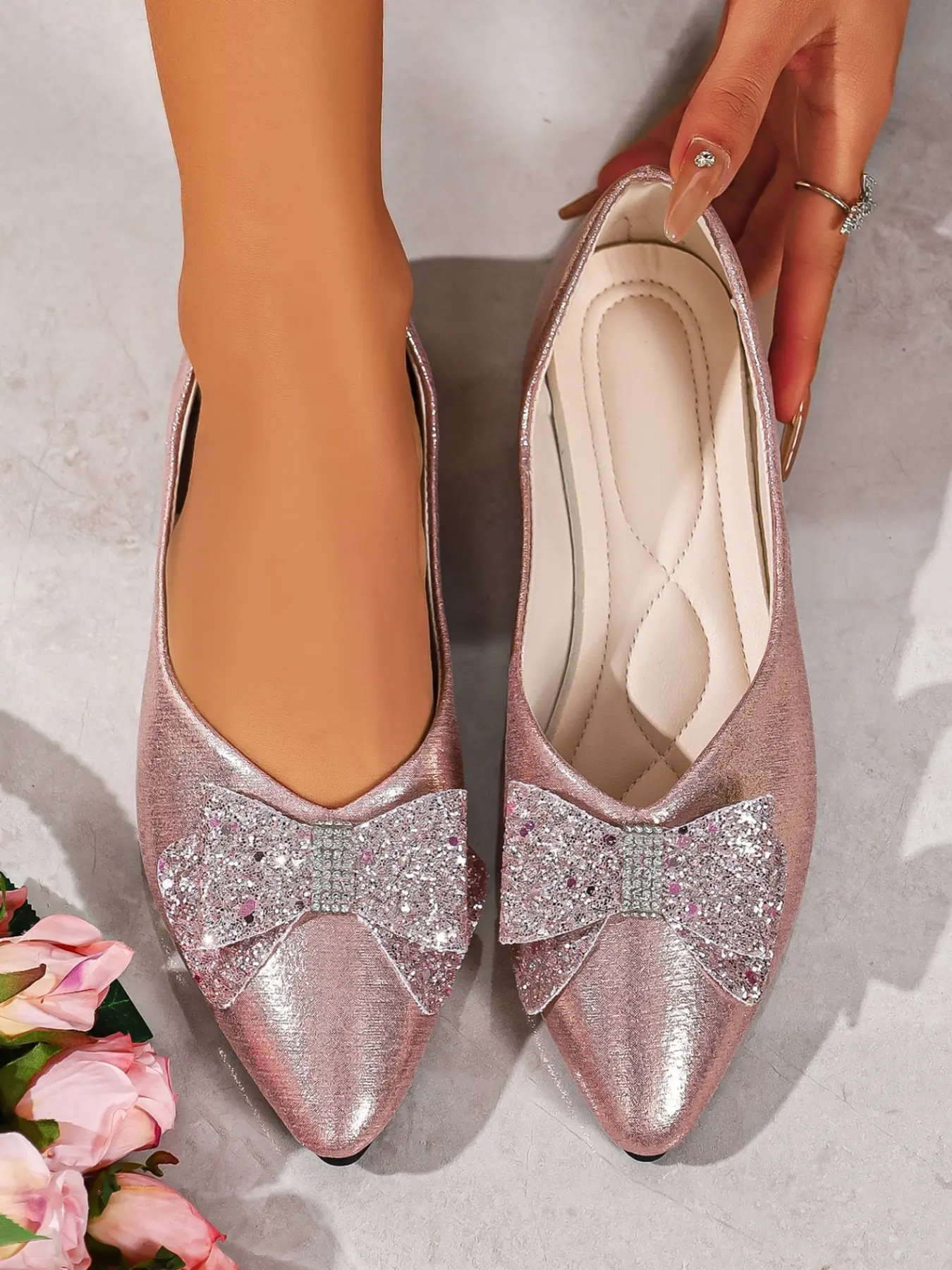 Women Metallic Glitter Rhinestone Bow Pointed Toe Slip‑On Flat Shoes slipresistant Zapatos affordablefashion Dress Flats For Wedding Guest Prom Party Evening Date Night