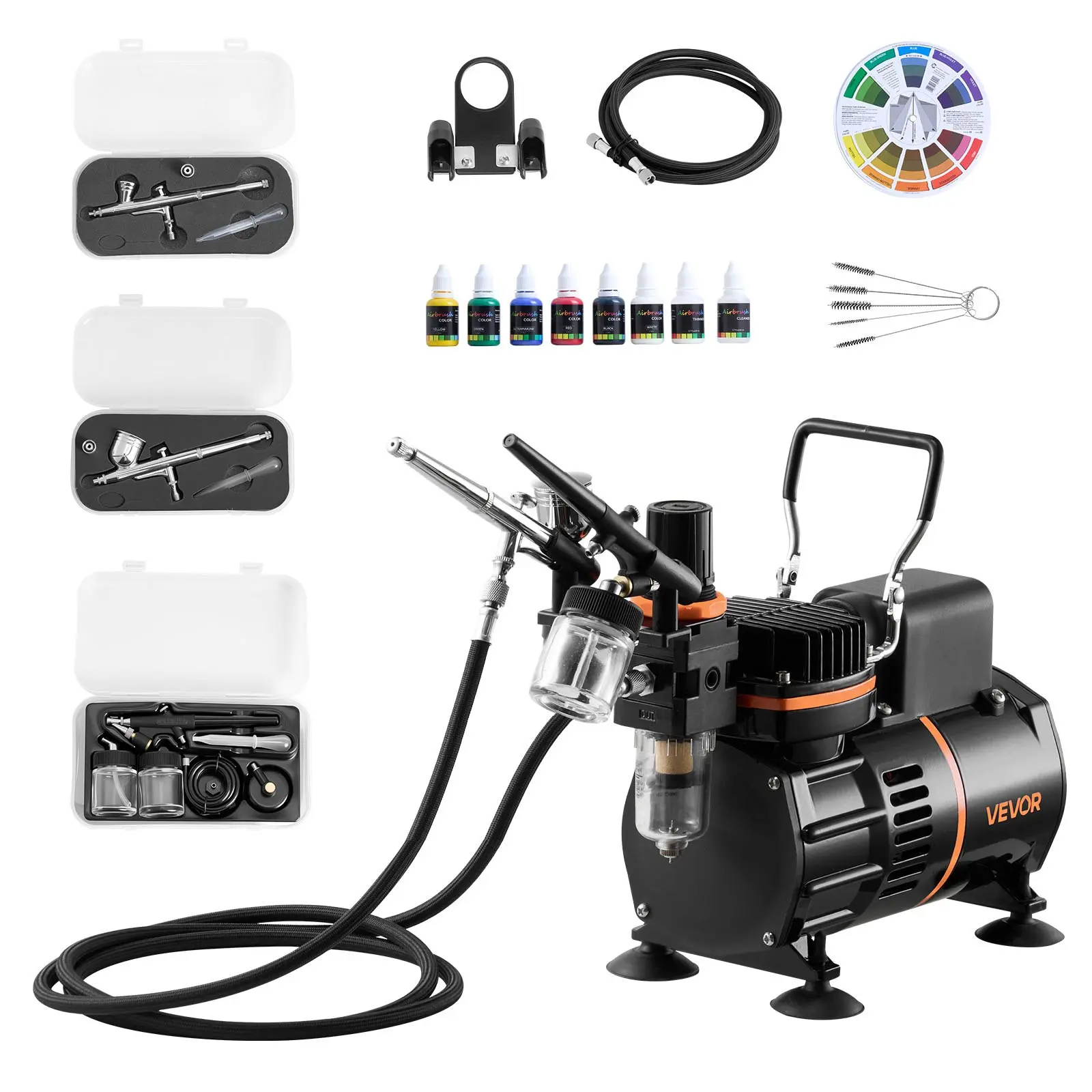 VEVOR TC-20 Dual-Action Airbrush Full Kit, 1/6 HP Low-Noise Air Compressor, 3 0.3mm Tip Airbrushes, Hose, Acrylic Paint, 2 Cooling Fans for Cake Decorating, Art Projects, Beginners