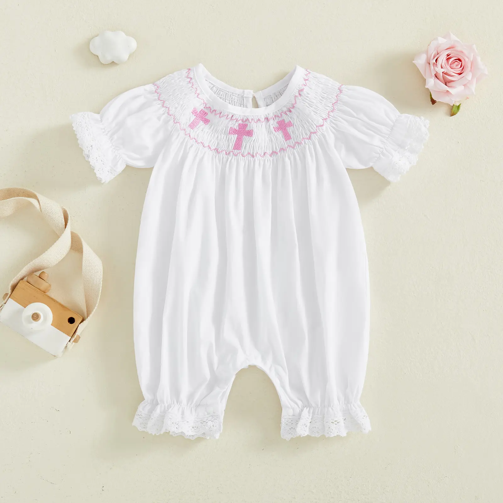 Meihuida Newborn Baby Girl Baptism Outfit Smocked Crosses Embroidery Romper  Bodysuit Jumpsuit Summer Clothes