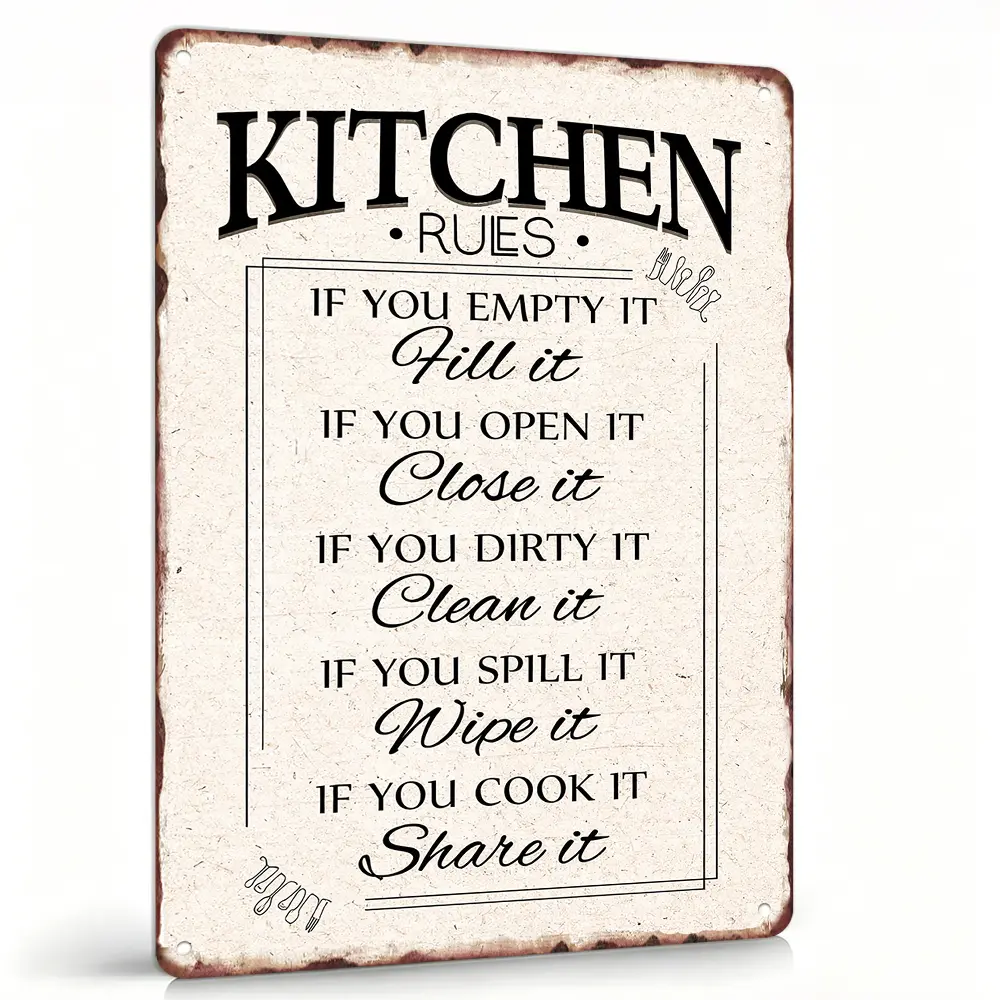 Vintage Beige Rustic Lightweight Aluminum Kitchen Sign - 8x12in Vertical Waterproof Farmhouse Hanging Plaque, Fork Spoon Silhouette Decor, Indoor Cooking Anniversary Gift (Kitchen Rules: If You Empty It Fill It) | Casual Wardrobe, Balcony, Study Accent, H