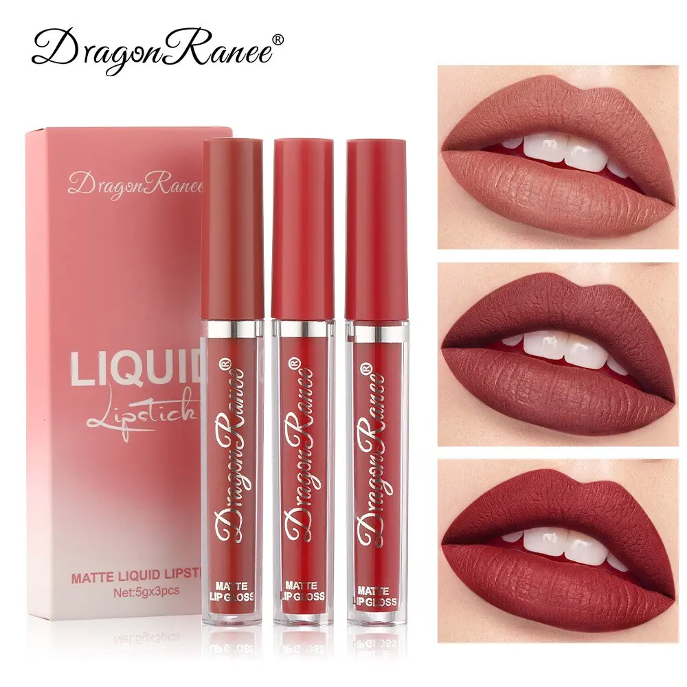 Dragon Ranee 3pcs Velvet Matte Liquid Lipstick Set, Long Lasting Non-Stick Cup Lip Gloss, High Pigmented Nude Lip Makeup Gift Set for Women Lip Kit