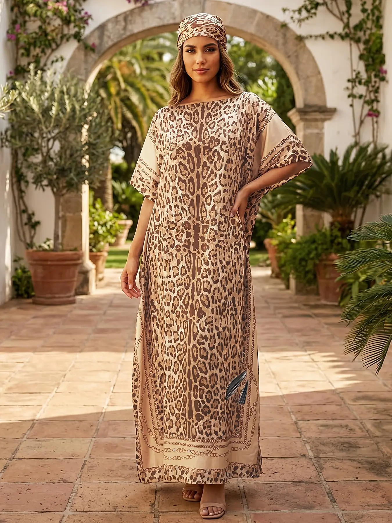 Plus Size Luxurious Leopard Print Silk Kaftan Dress Set, Elegant Beige Oversized Summer Resort Wear Beach Cover Up, Women's Flowy Long Nightgown, Casual Elegance Style