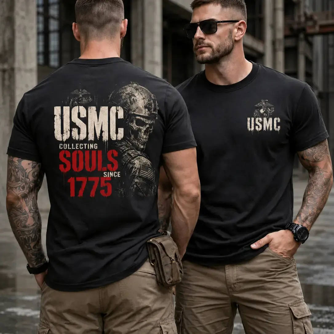 Men's Graphic T-Shirt with USMC 'Collecting Souls' Skull Print - Soft, Breathable Fabric in a Casual Crew Neck Style, Men's Graphic Tees LK00092TB