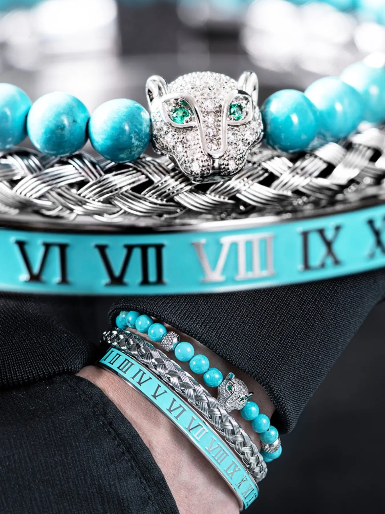 Luxurious Leopard Head Artificial Turquoise Bead Bracelet, Stainless Steel Roman Numeral Wristband, Unisex Jewelry Set