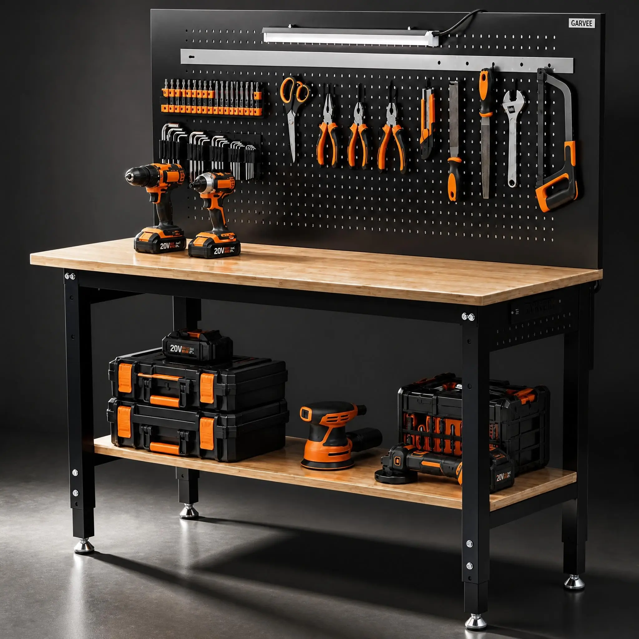 60" x 22" Adjustable Work Bench for Garage or Workshop with Integrated Storage Shelf, Pegboard for Tool Organization, and Built-in Power Strip for Convenient Electrical Access