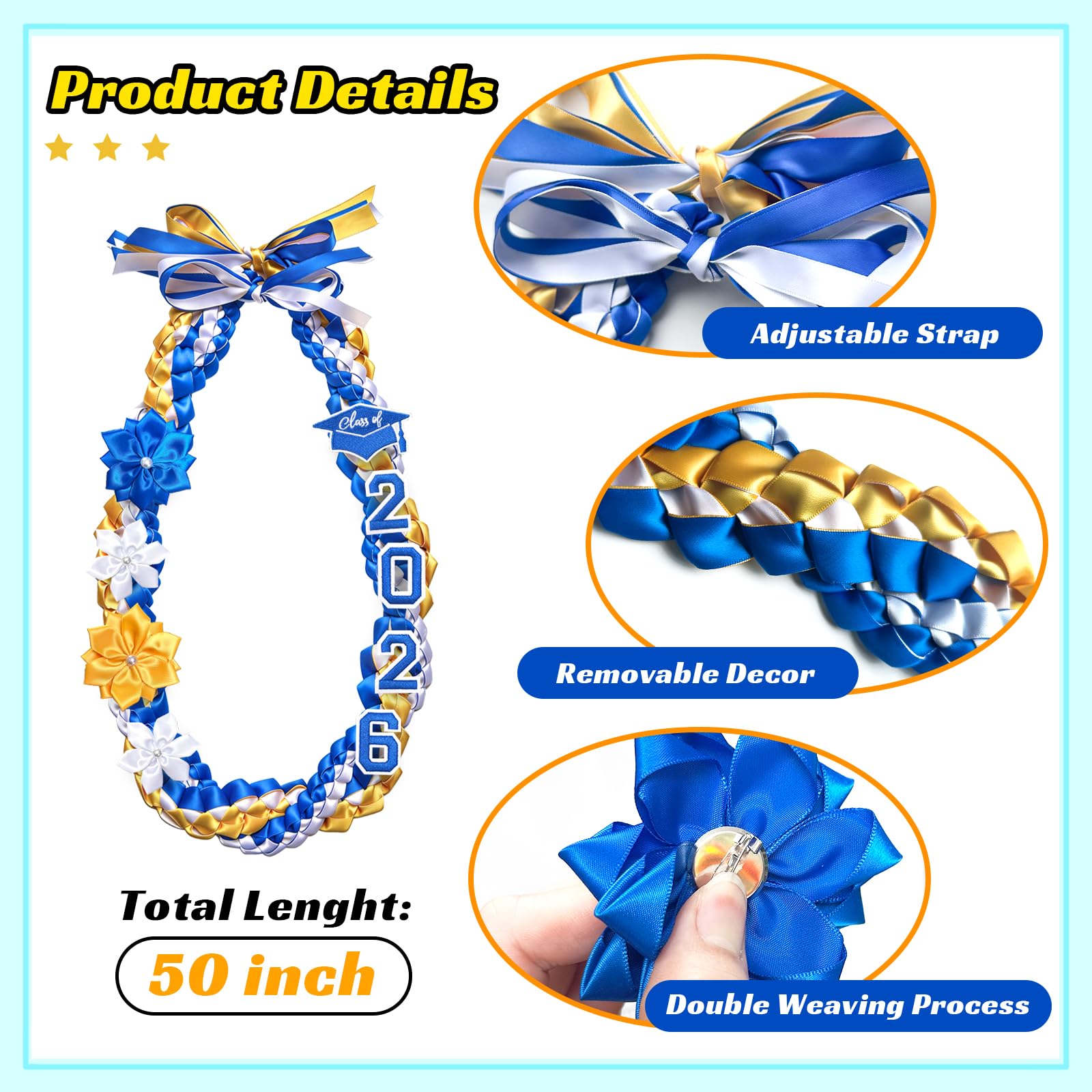 50" Graduation Leis Class of 2026 - Handmade Double Braided Graduation Ribbon Leis with Satin Flowers for Men Women Graduation Ceremony Congrats Grad Gifts Party Supplies