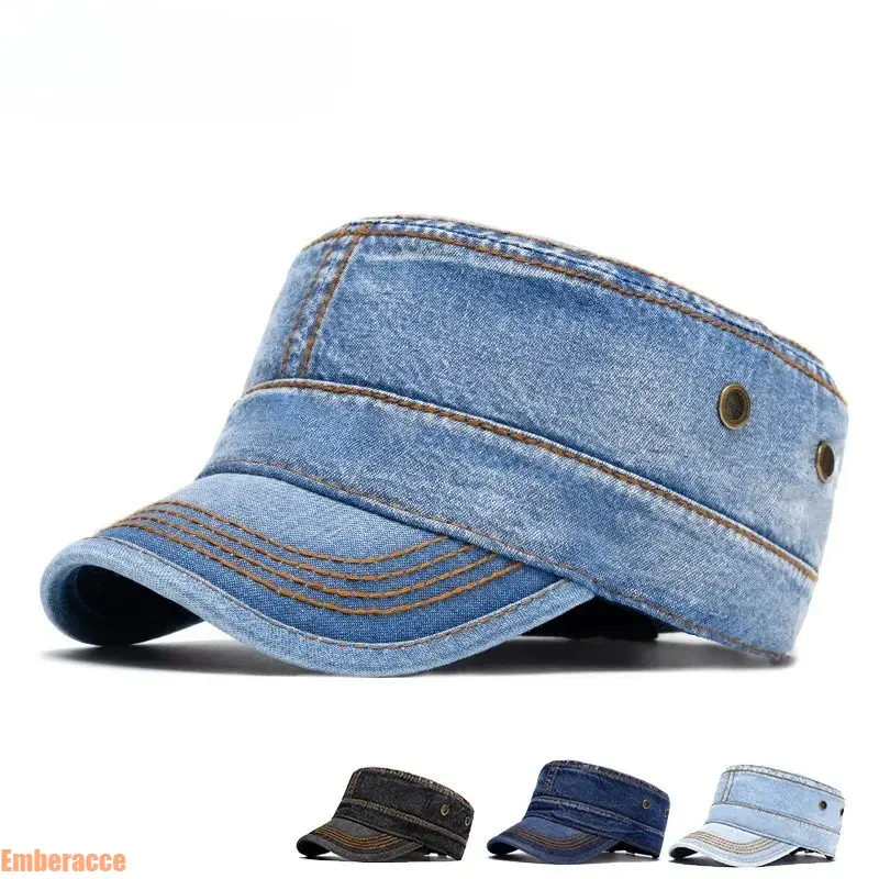 Vintage Washed Cotton Flat Top Cap, Military Style Cadet Hat with Adjustable Fit, Classic Streetwear Casual Baseball Cap for Men Women, Breathable Denim Look Officer Cap for Outdoor Travel, Daily Wear and Fashion Styling