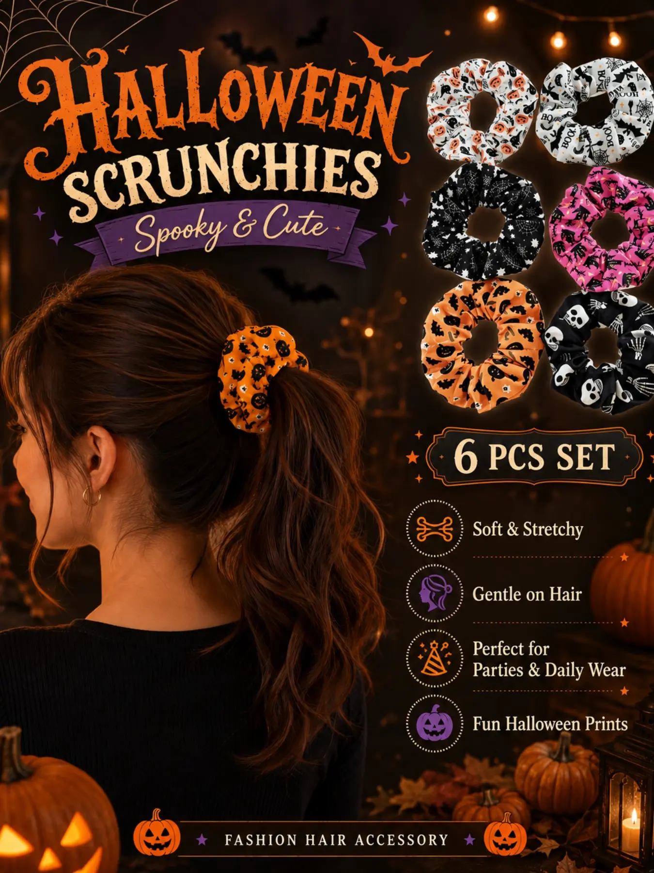6 Pack Women Gothic Punk Halloween Headbands, Dark Mysterious Print with Pumpkin, Spider Web, Castle, Skeleton, Bat & Ghost, Soft Stretchy Fabric Non Slip Hair Bands, Ideal Halloween Cosplay & Back to School Costume Hair Accessories