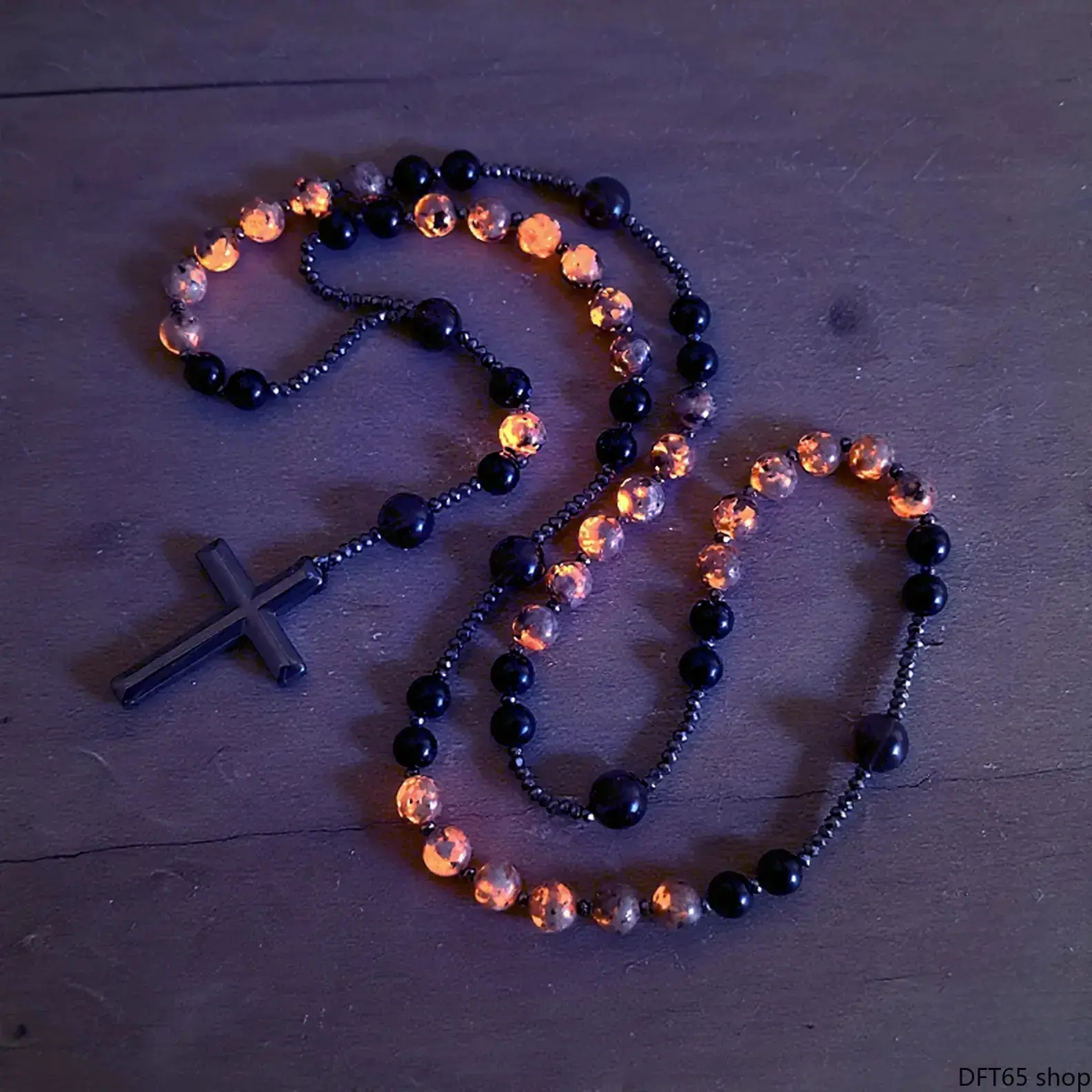 Natural Obsidian Yooperlite Rosary Necklace UV Reactive Protection Necklace Hematite Stone Cross Pendant Necklace Gift for her, gift for him