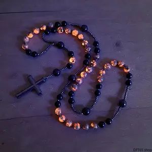 Natural Obsidian Yooperlite Rosary Necklace UV Reactive Protection Necklace Hematite Stone Cross Pendant Necklace Gift for her, gift for him