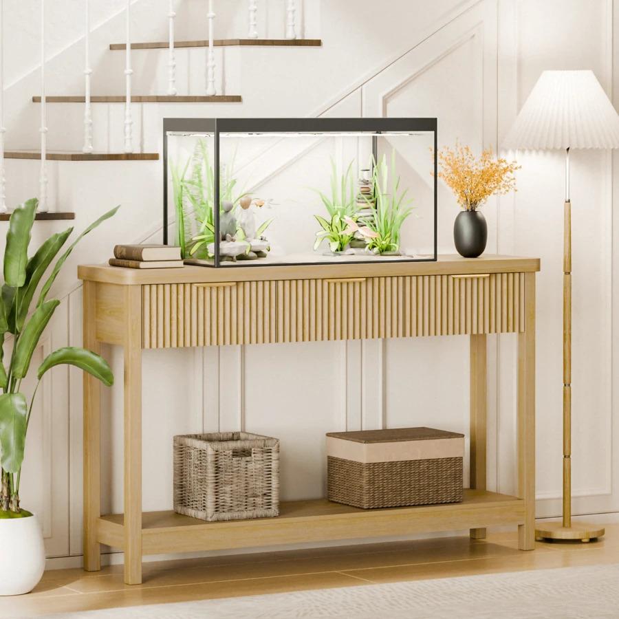 Furniture Fluted Console Table with Drawers, Modern 47.1" Entryway Table with Storage Shelf, Boho Narrow Skinny Behind Couch Wood Sofa Table for Living Room Hallway Entrance Foyer