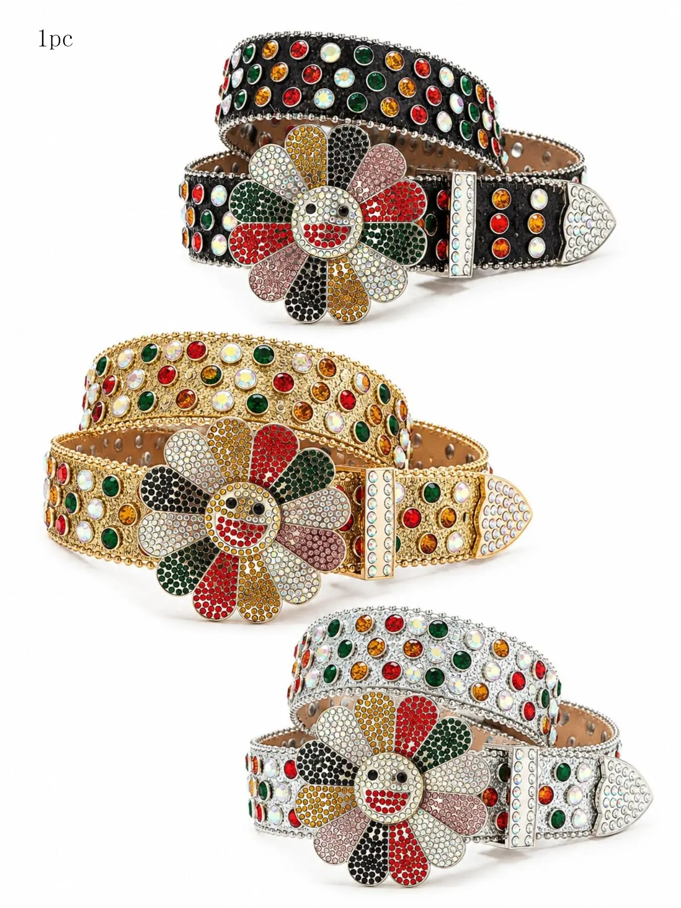 Alloy Sunflower Rhinestone Belt, Fashion Rotating Buckle Punk Hip Hop Waistband, Denim Jeans Accessory, Stylish Leather Belt, Rhinestone Decorated Belt
