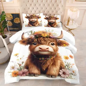 Cute Highland Cow and Floral Bedding Set：2/3pcs Cartoon Animal Print Comforter Set   – Rustic Farmhouse Style – Soft, Breathable, and Cozy – Ideal for Kids' or Girls' Bedroom Decor (1 Quilt + 1 or 2 Pillowcases) – Available in 6 Patterns