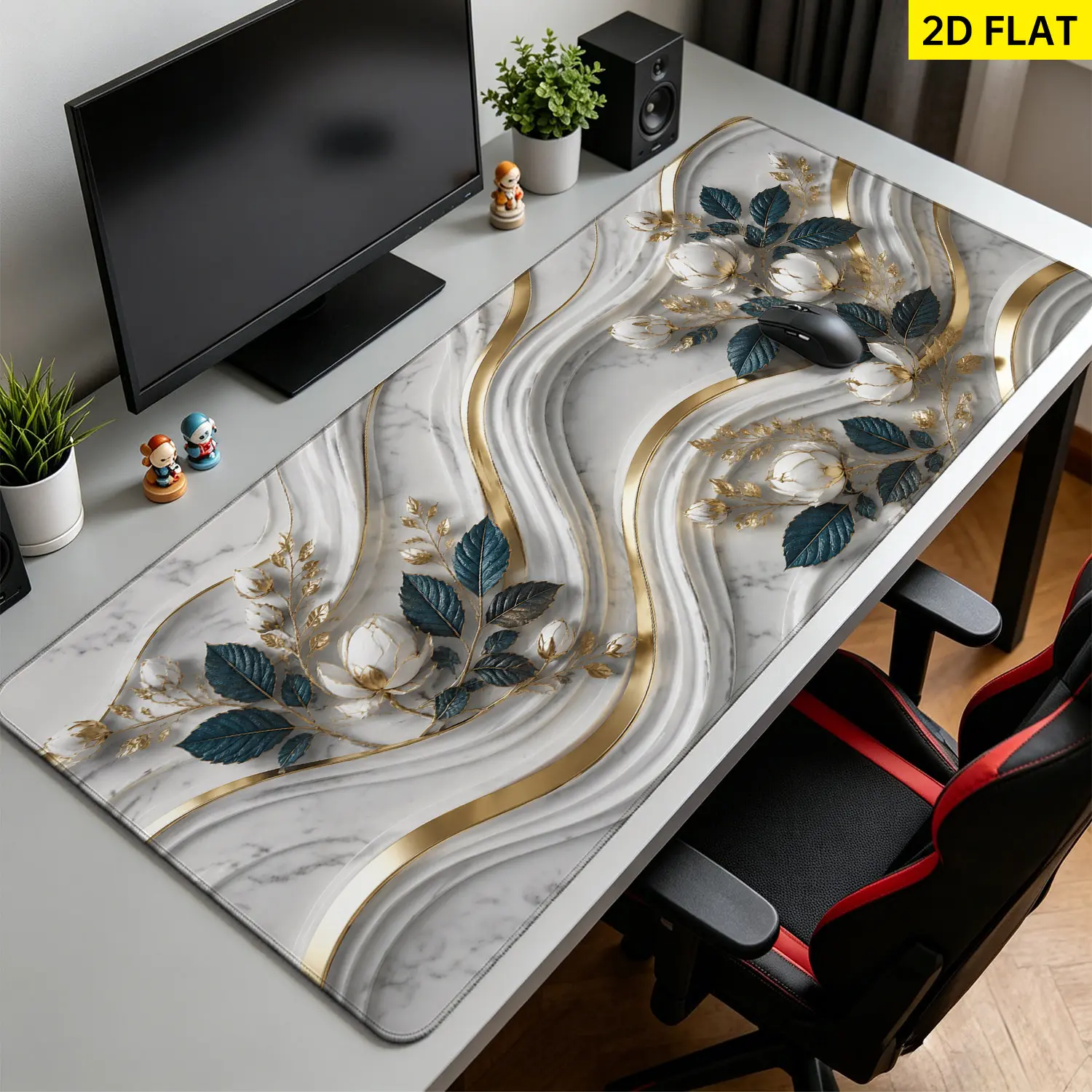 Extra Large elegant white marble floral gold leaf art Mouse Pad,Non Slip Rubber Pad,Desktop Decoration Drotection Pad,Washable,Lock Edge Multi Size,Premium Multipurpose Mousepad For Home,Office,Gift for Family and Friends