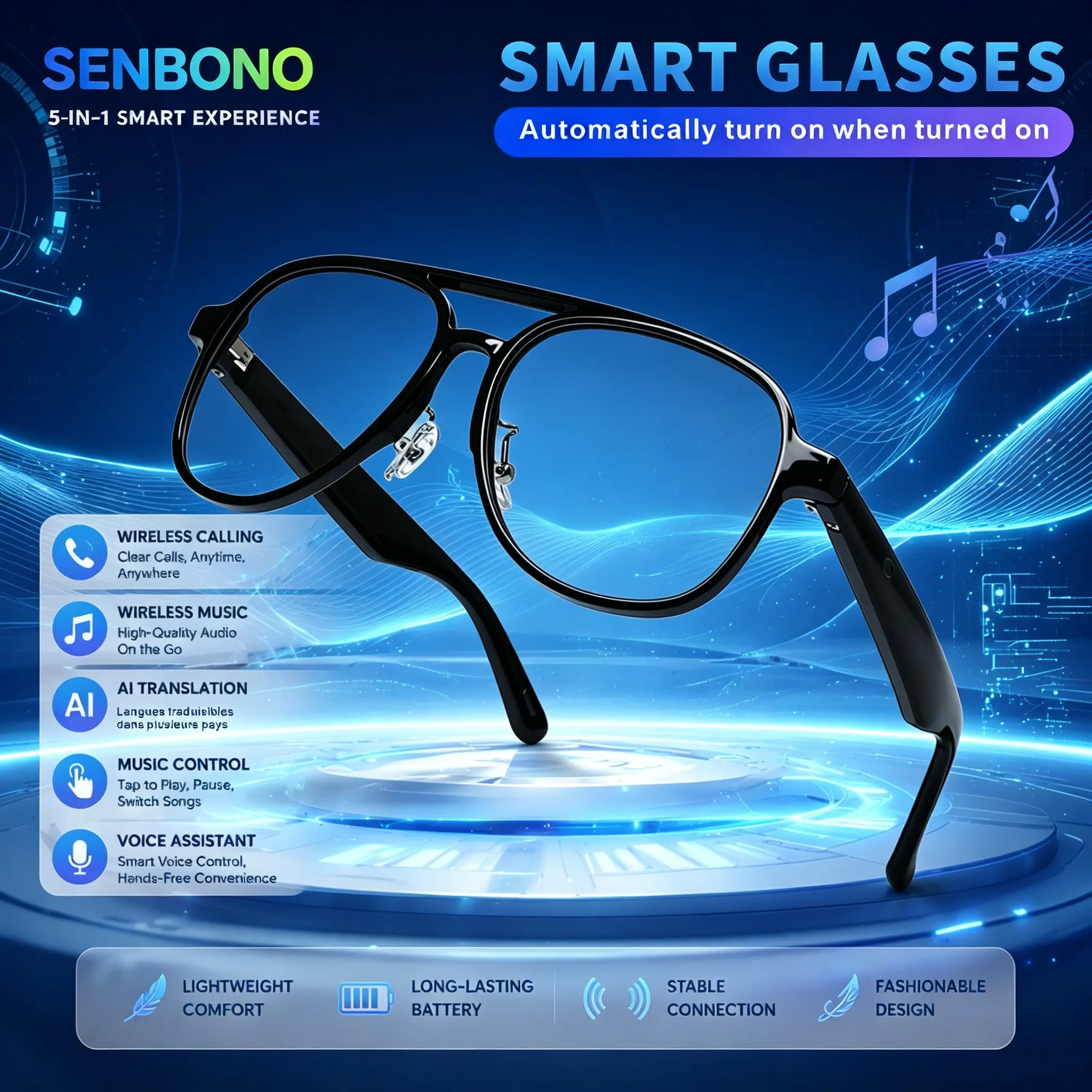 Multi functional audio glasses, microphone and speaker, high-definition calling, music playback, touch control, language translation, conference recording, high-quality design, touch control, suitable for comfortable cycling and leisure travel