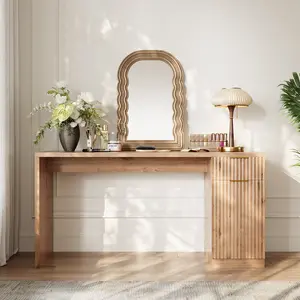Executive Computer Desk 61" with Drawer, Power Outlet & USB Ports - Adjustable Shelf - Fluted Cabinet Door - Golden Metal Handles - Spacious Home Office Writing Table with Storage