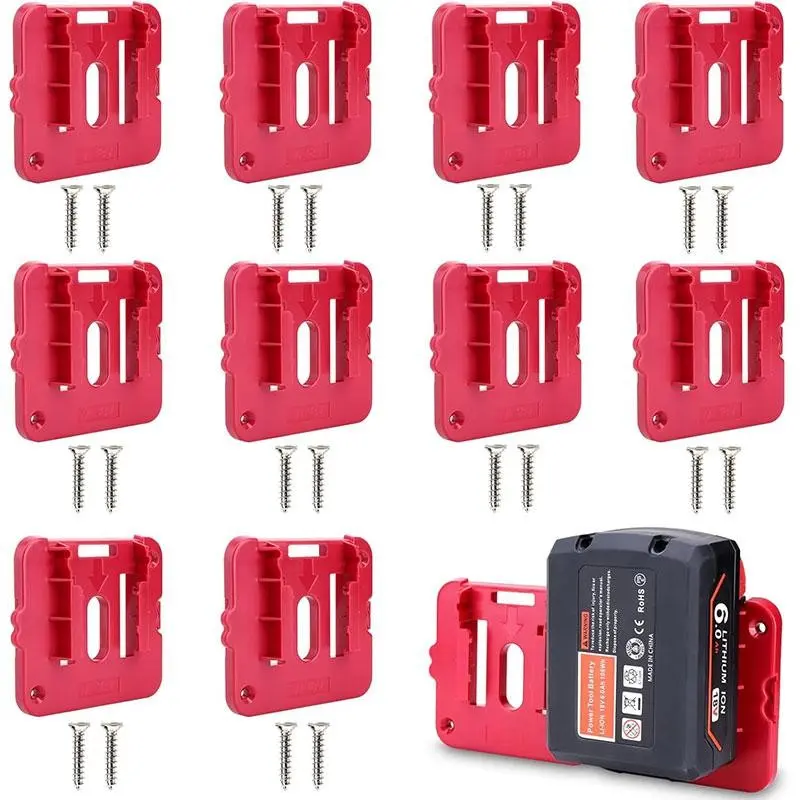 Battery Holder Mount Bracket 10-Piece Set, Sturdy Durable Plastic, Enhanced Load-Bearing for 18v Battery, Wall Shelf Toolbox Work Van
