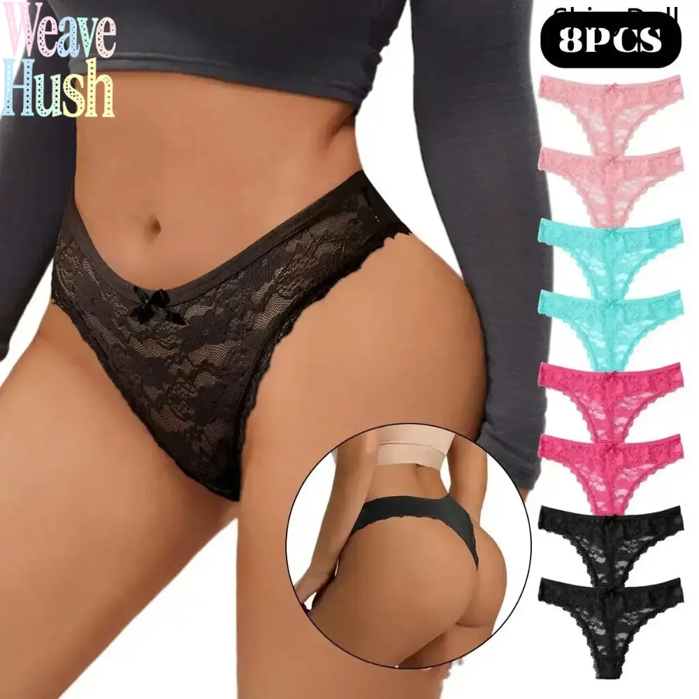 Lady Seamless Garments - 4-8 Pack No-Show Sheer Lace Breathable Thongs, Comfortable Panties for Sports, Outdoor Activities, Discreet Look, Sports Wear, Fitted Cut, Playful Bow
