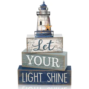 4 Pcs Beach Coastal Table Decor Wooden Lighthouse Decoration with Starfish Summer Tiered Tray Decor Blue and White Ocean Centerpieces Rustic Beach House Nautical Decorations for Home Shelf
