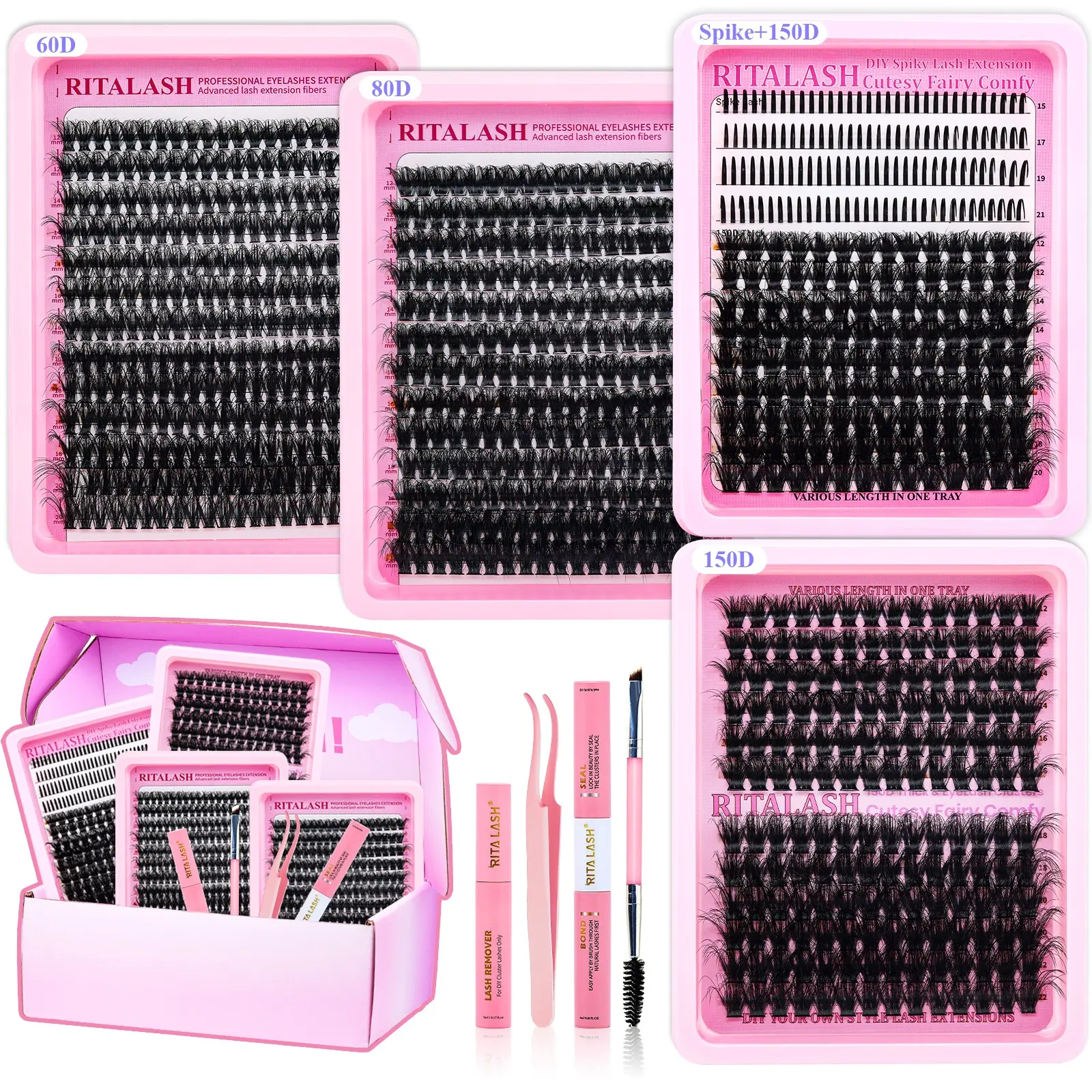 RITALASH 916PCS Mixed Length Individual False Eyelashes Kit, Fluffy Volume Eyelashes, Volumized False Eyelashes, Voluminous False Eyelashes, DIY Eyelash Extensions, Natural-Looking Eyelash Extensions with Accessories, Self-Grafting Curling Lashes