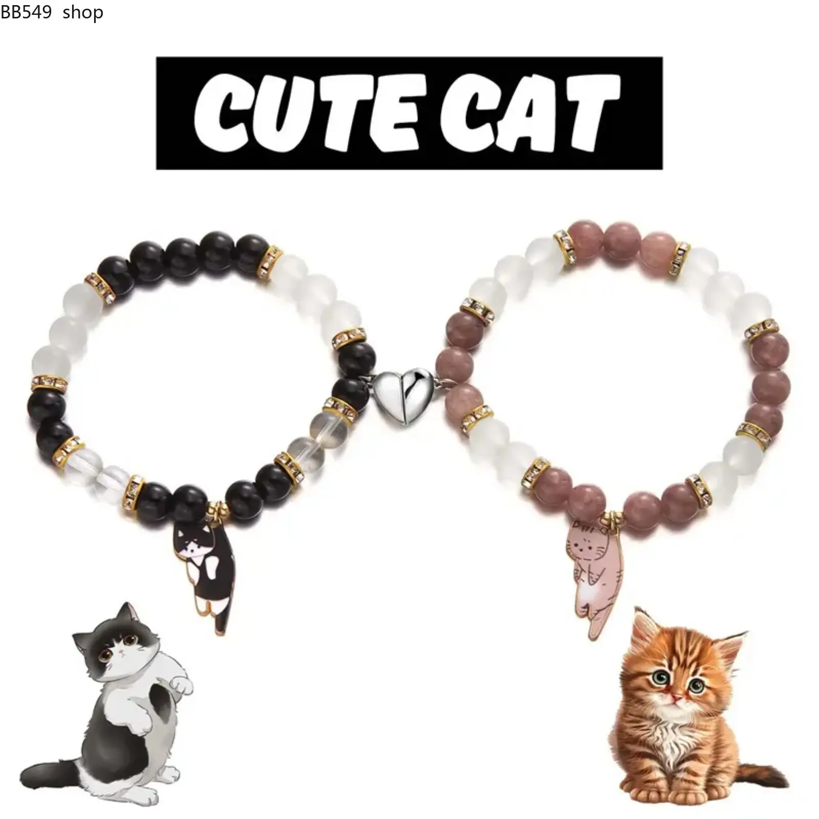 2PCS Magnetic Couples Bracelet Set, Heart Cat Pendant Matching Bracelets for Couples, Cute Kitten Charm Jewelry, Adjustable Friendship Bracelet Gift for Couples, Women & Men, Anniversary & Daily Wear Accessory