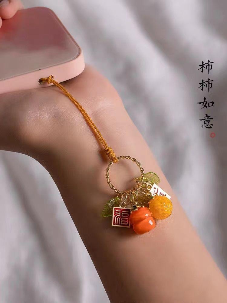 Chinese Good-luck Sayings Style Phone Charm Strap Cute Orange Persimmon Phone Rope Pendant Keychain for IPhone 16
