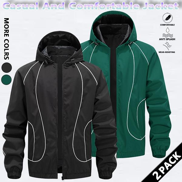 Men's solid color waterproof and windproof drawstring zipper hooded jacket, trendy striped print casual long-sleeved jacket with zipper pockets, suitable for outdoor activities, all year round.