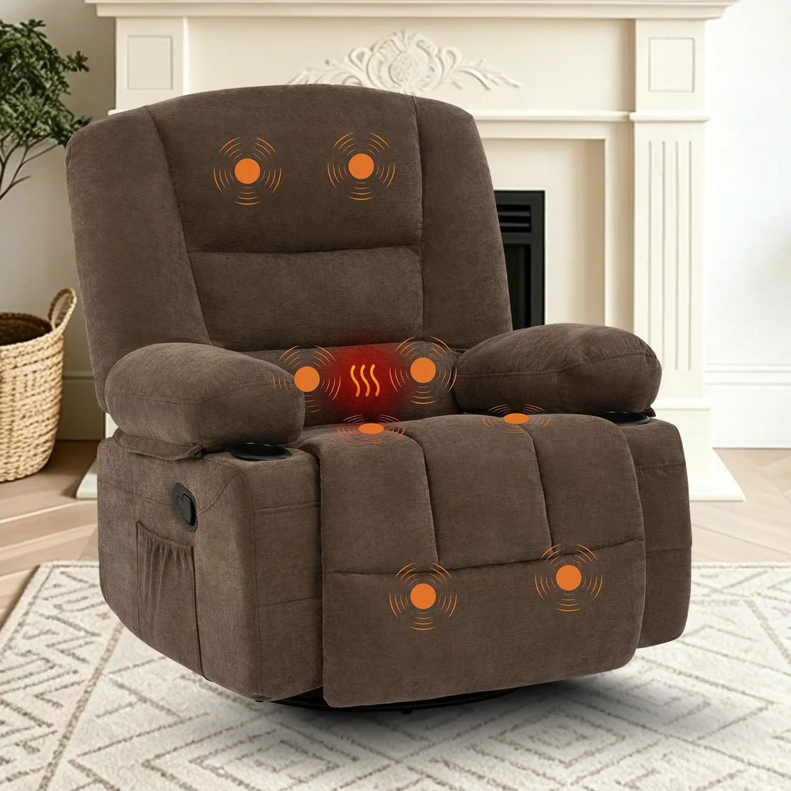 Oversized Wide Recliner Chair with Heat & Vibration Massage – 360° Swivel Rocker, Chenille Fabric, Cup Holders & Side Pocket for Living Room & Bedroom