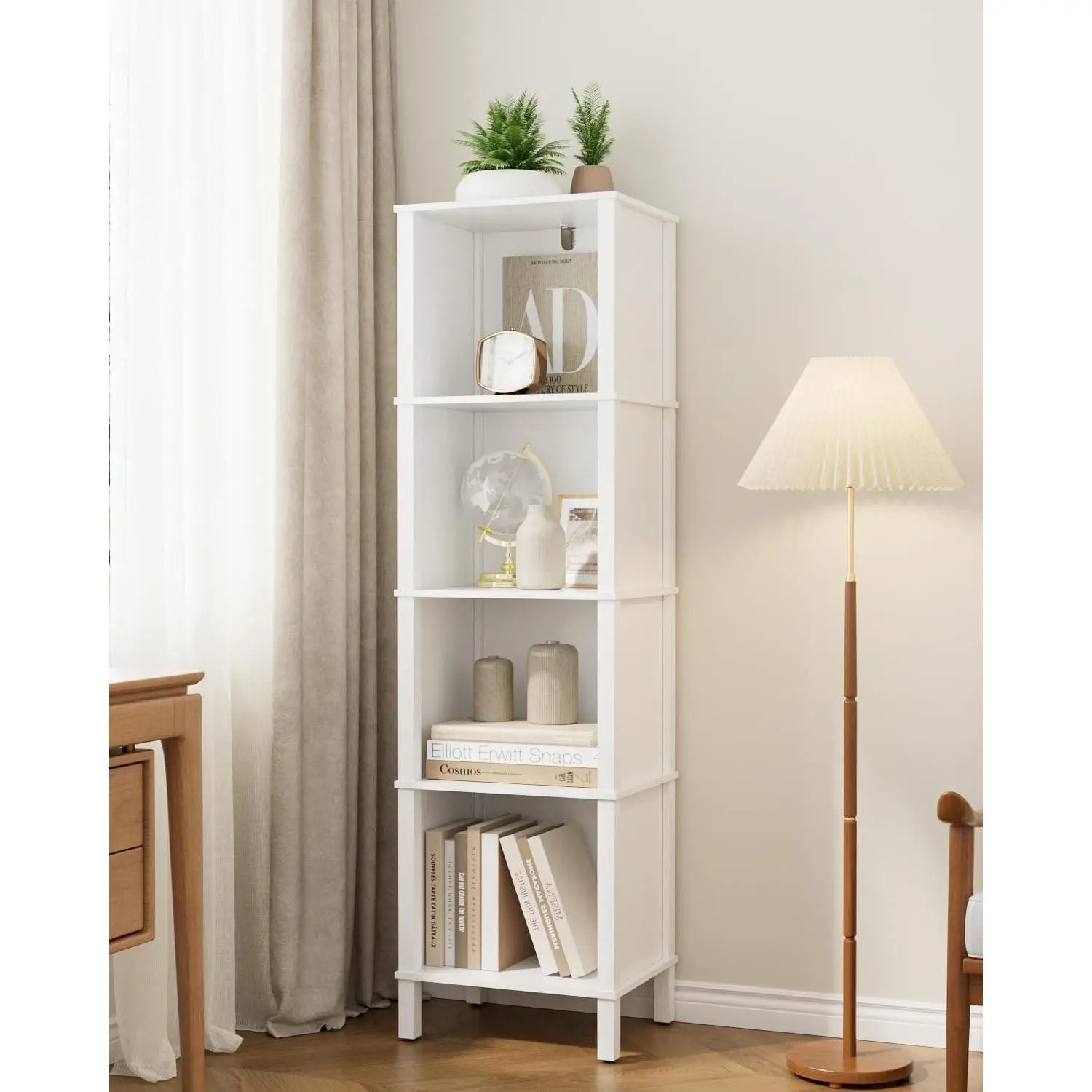 Bookshelf, Modern 4-Tier Bookcase, Open Storage Book Shelf, 11 × 14.2 × 50.4 Inches, Small Narrow Bookshelves for Living Room, Home Office, Bedroom, White