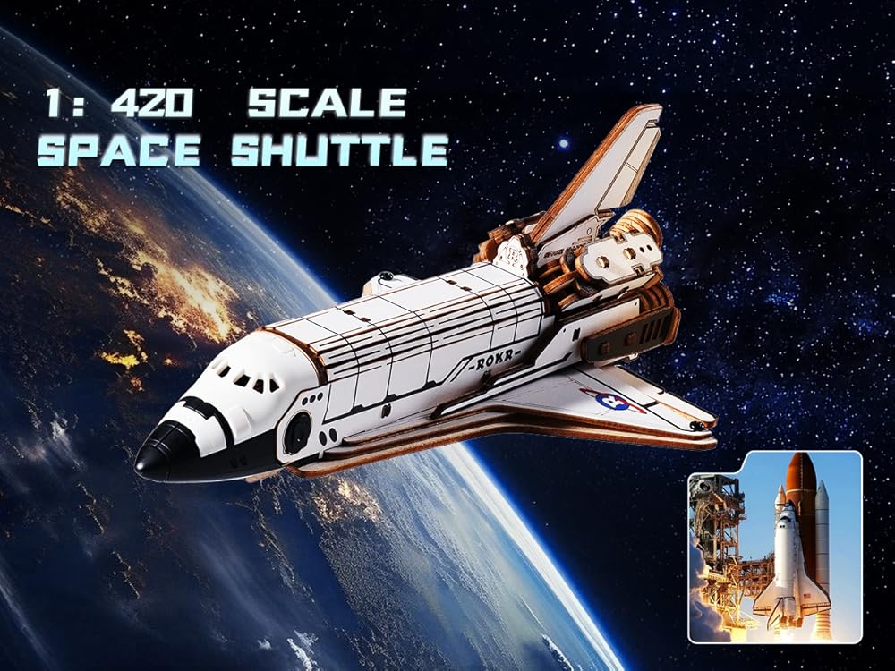 ROKR Space Shuttle 3D Wooden Puzzle DIY Toy – Mechanical Spacecraft Model Kit to Build, STEM Hobby for Adults & Kids, Space Lover Gift, Desk Display Collectible