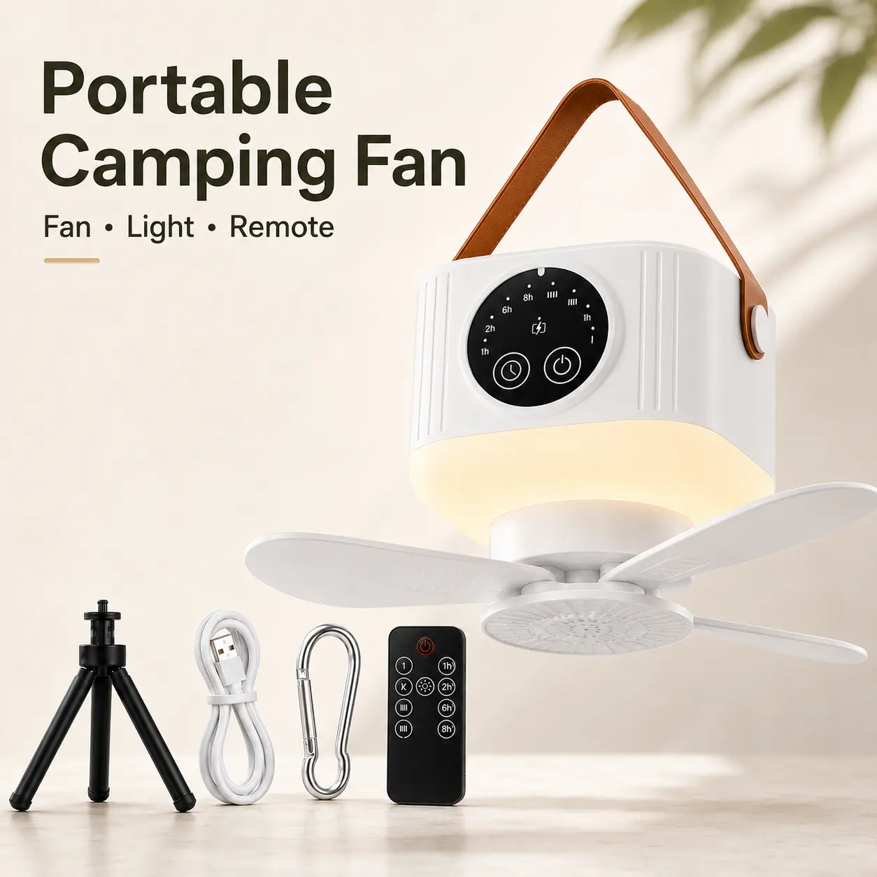 Portable Camping Fan with LED Light & Remote, 7200mAh Rechargeable Hanging Fan, 4 Speeds, 3-Level Light, Adjustable Tripod, USB-C Fan for Tent, Patio, Travel