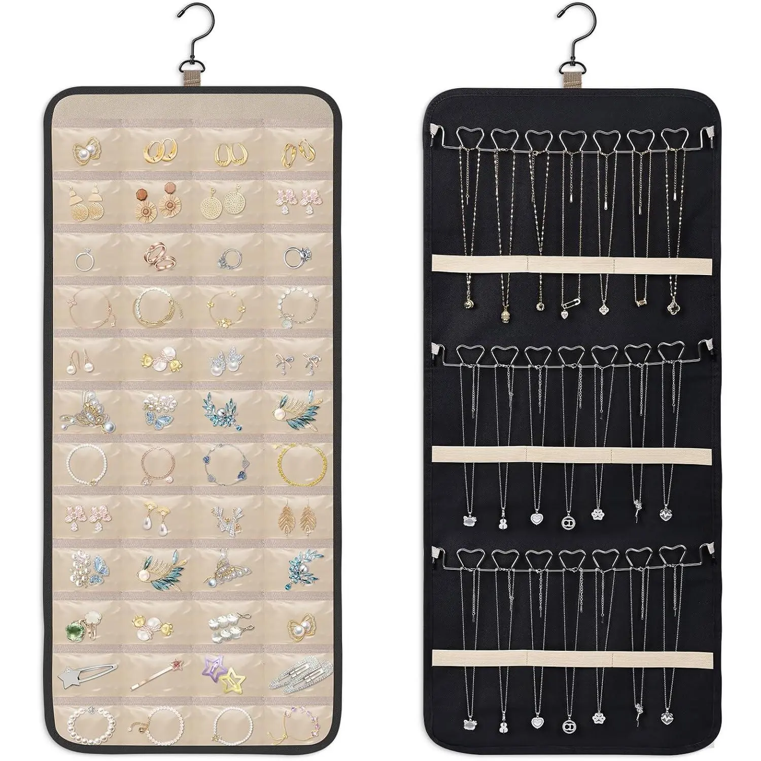 Double-Sided Hanging Jewelry Organizer, Large Black Storage Roll for Earrings, Necklaces, Rings, 48 Pockets 21 Hooks, Durable Oxford Fabric for Closet, Wall, Door, 1 piece, Jewelry Not Included