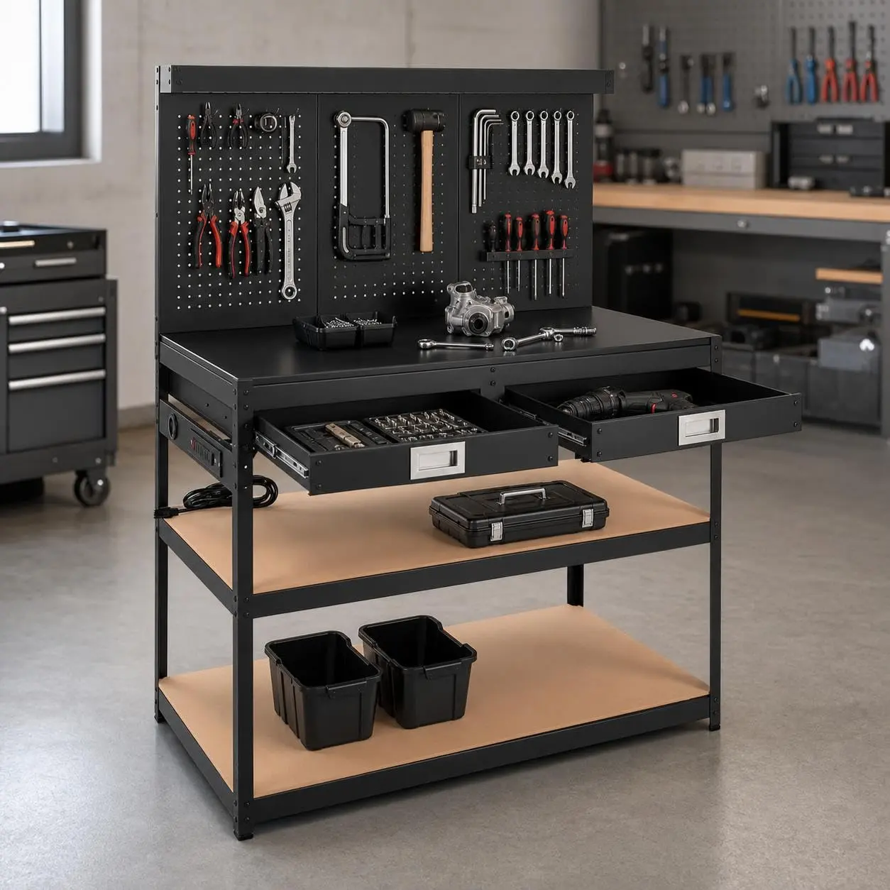 48" Adjustable Height 3-Tier Heavy-Duty Portable Work Bench with Power Outlets & Drawer, 880 LBS Load Capacity, Easy Assembly for Garage Users & Home Workshop