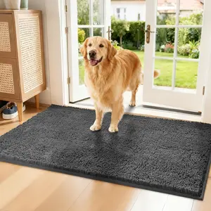Chenille Absorbent Front Door Mat 48" x 36", Dog Door Mat for Muddy Paws, Trap Dirt Doormat, Mud Mat for Dogs, Washable Non Slip Outdoor Indoor Doormats for Entryway, Grey