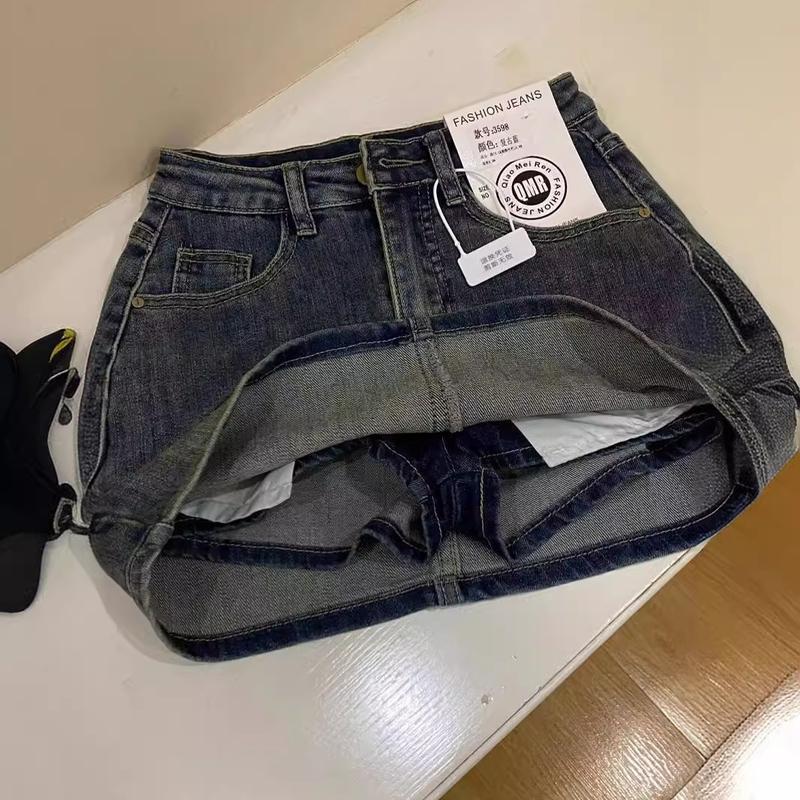 Vintage Distressed Denim Short Skirt for Women, Summer Small Size, High Waist, Plus Size, Loose Fit, Versatile, Anti-Exposure Skirt, Women's Clothing, Conservative Gothic Style, Latin Mini Skirt, Small Skirt
